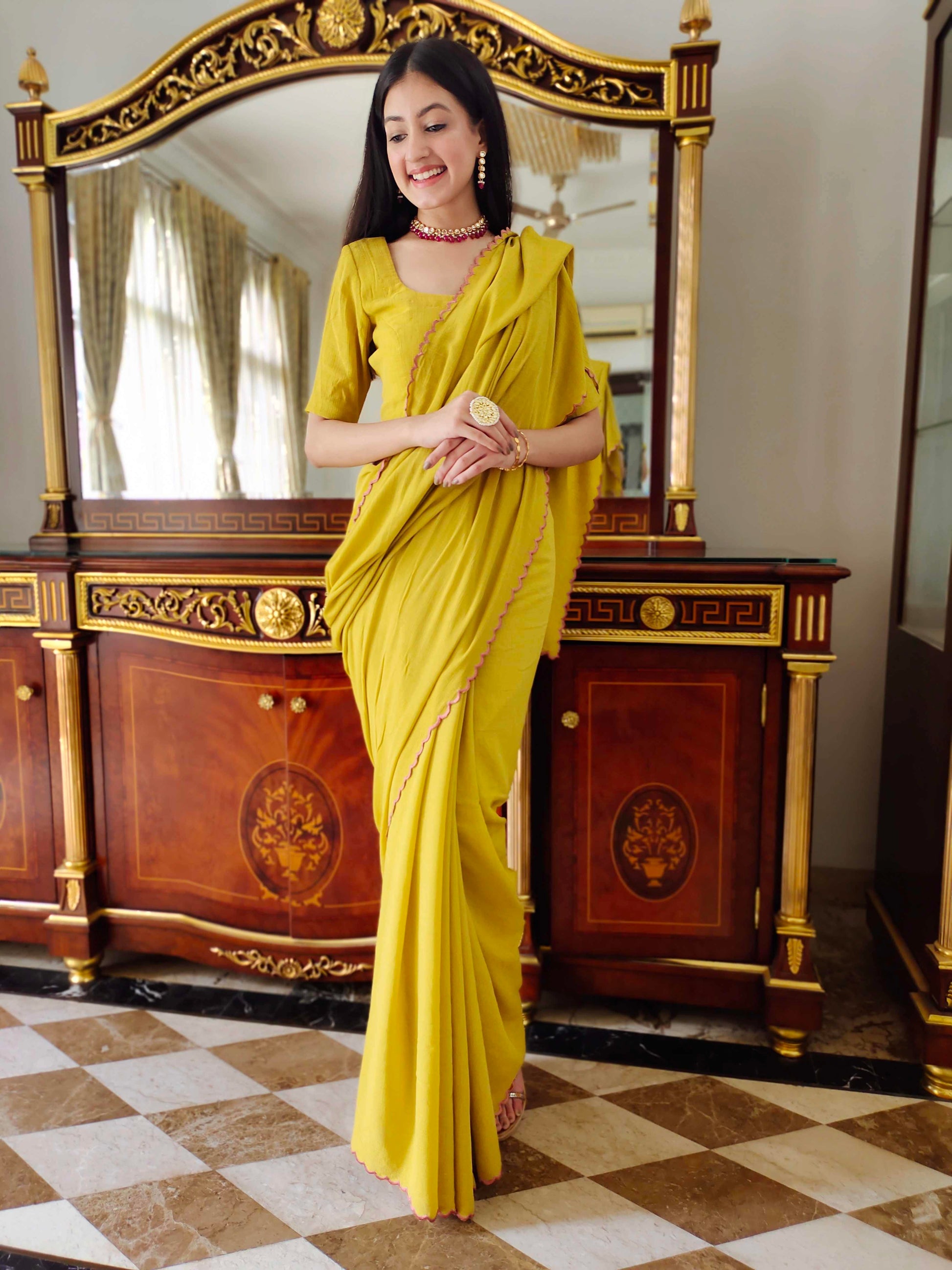 Premium Mustard Jute Cotton Saree with Scalloped Border