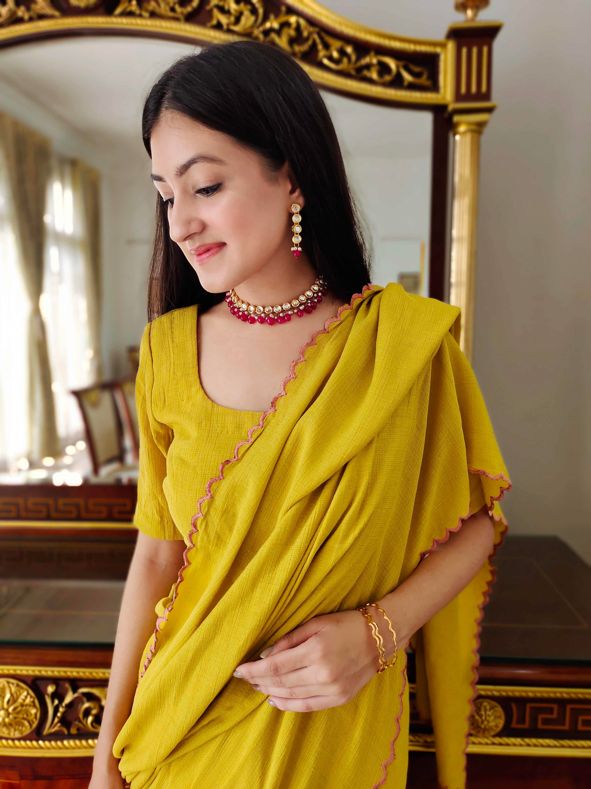 Premium Mustard Jute Cotton Saree with Scalloped Border