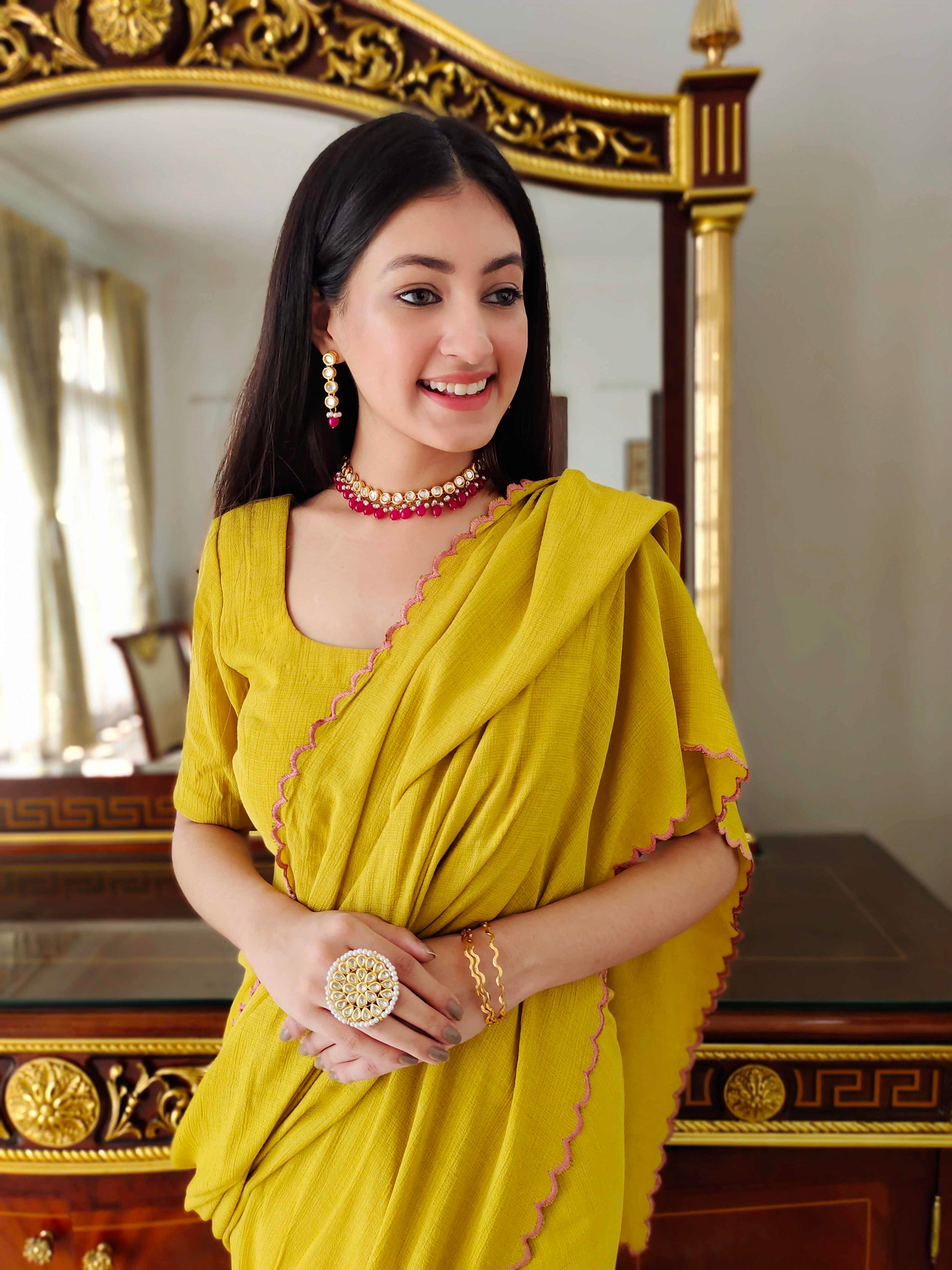 Premium Mustard Jute Cotton Saree with Scalloped Border