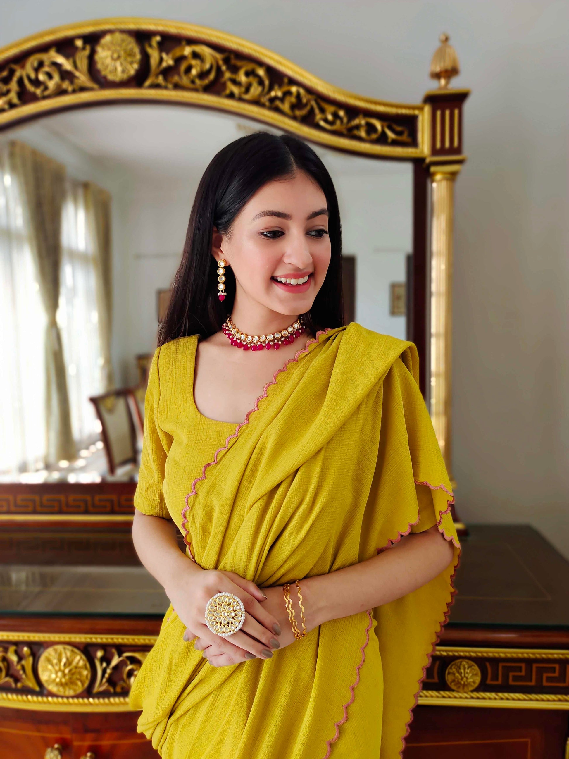 Premium Mustard Jute Cotton Saree with Scalloped Border