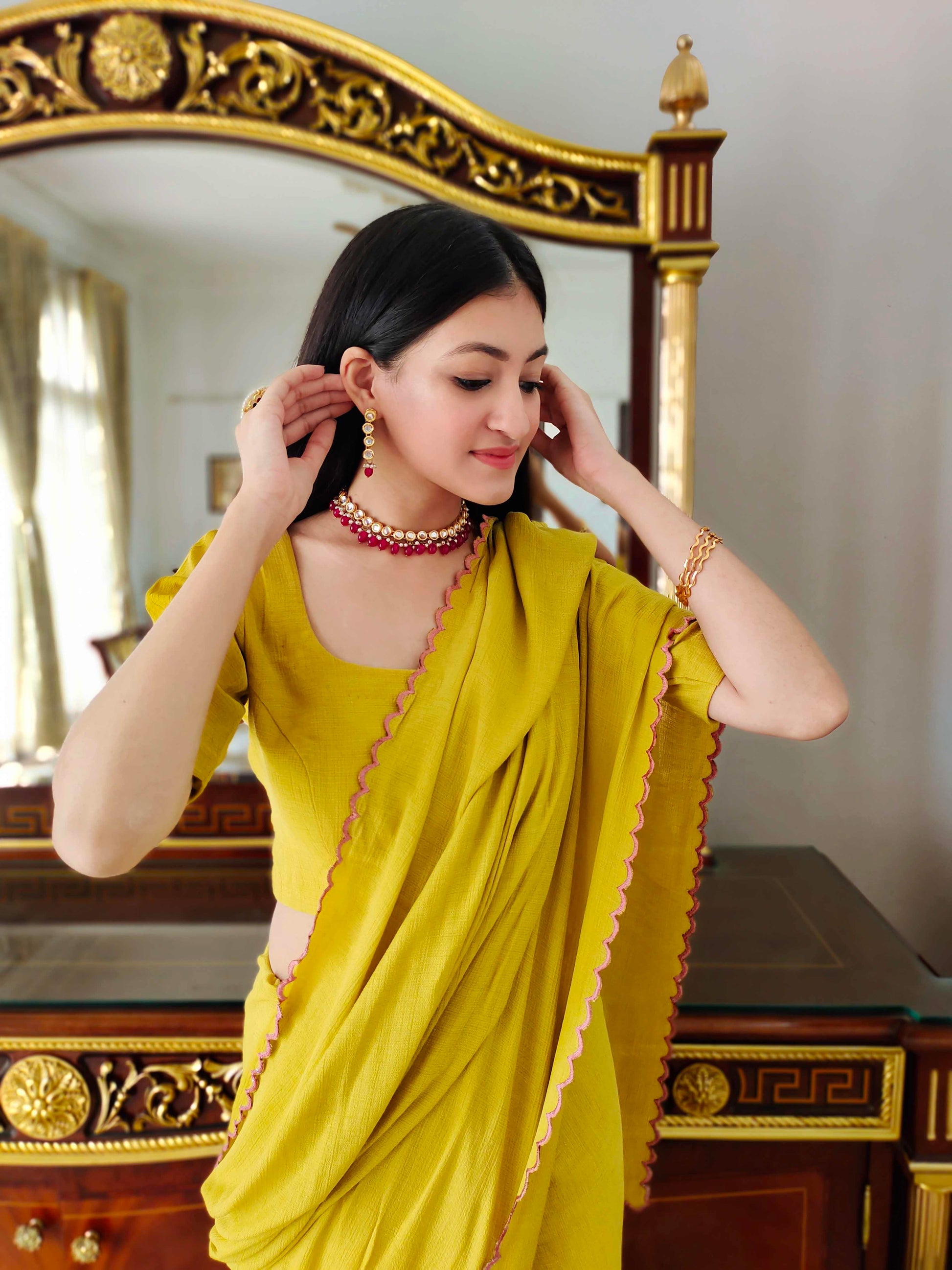 Premium Mustard Jute Cotton Saree with Scalloped Border