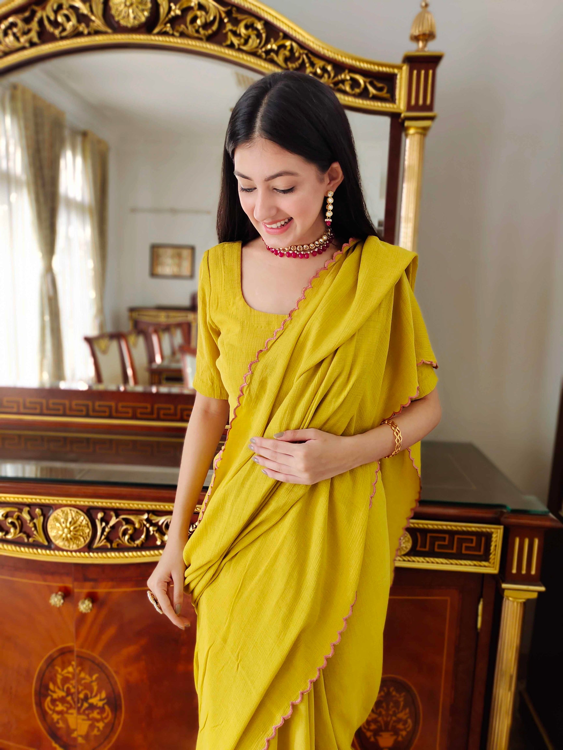 Premium Mustard Jute Cotton Saree with Scalloped Border