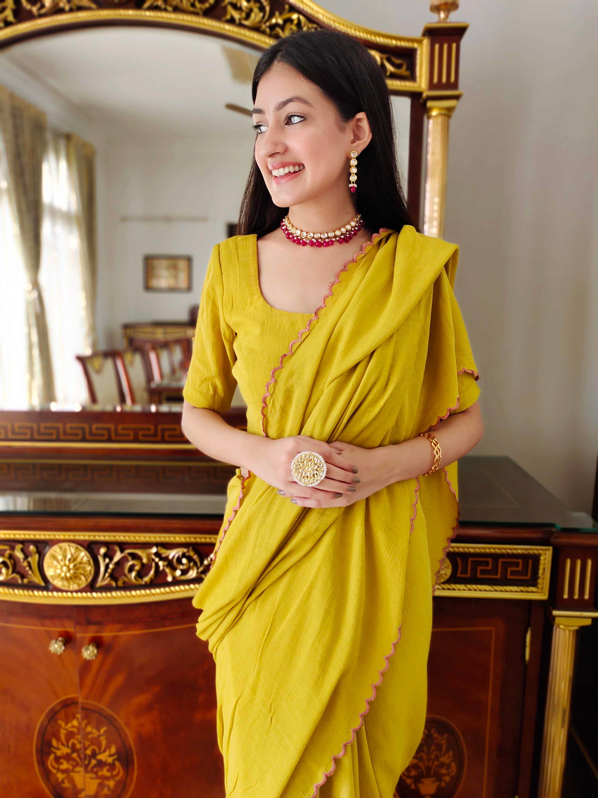 Premium Mustard Jute Cotton Saree with Scalloped Border