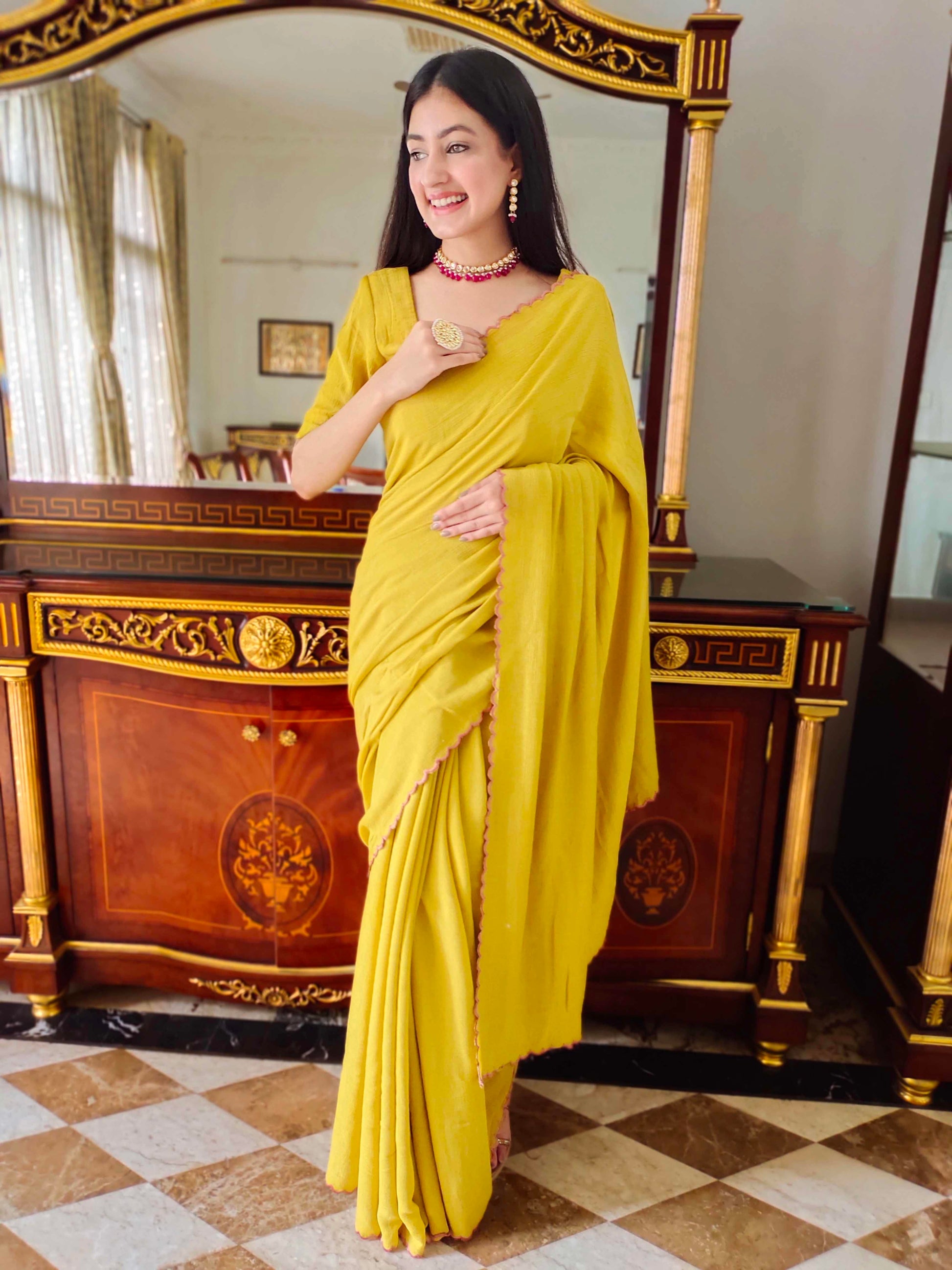 Premium Mustard Jute Cotton Saree with Scalloped Border