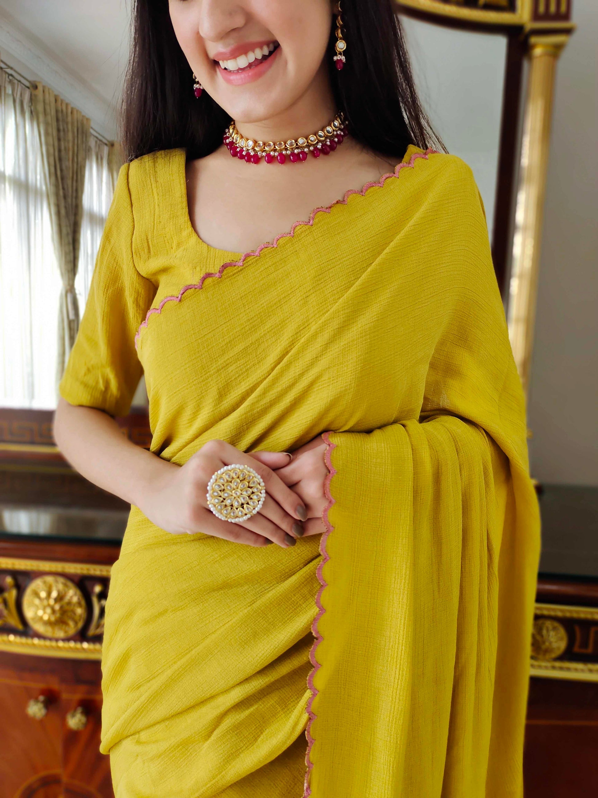 Premium Mustard Jute Cotton Saree with Scalloped Border