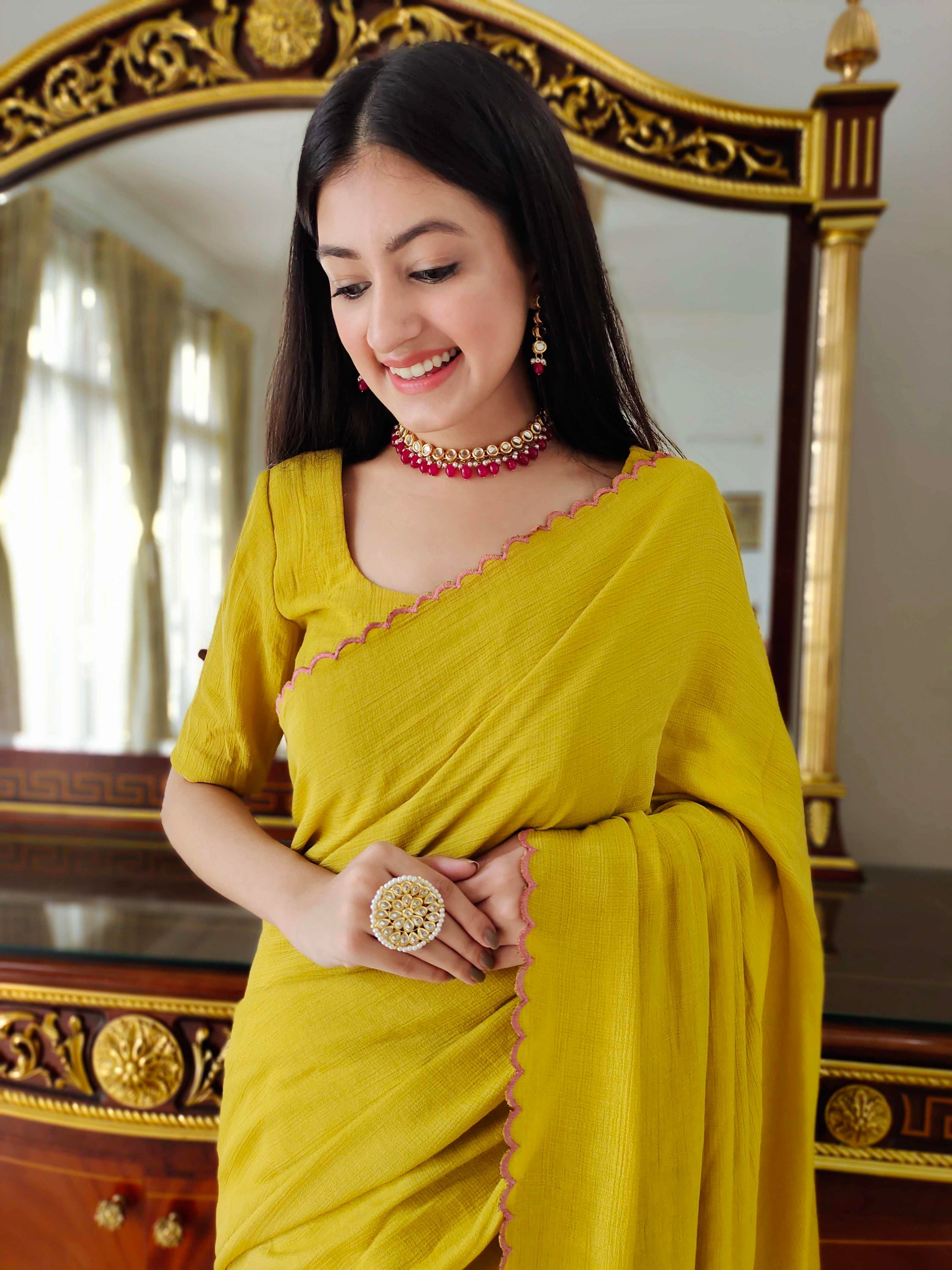 Premium Mustard Jute Cotton Saree with Scalloped Border
