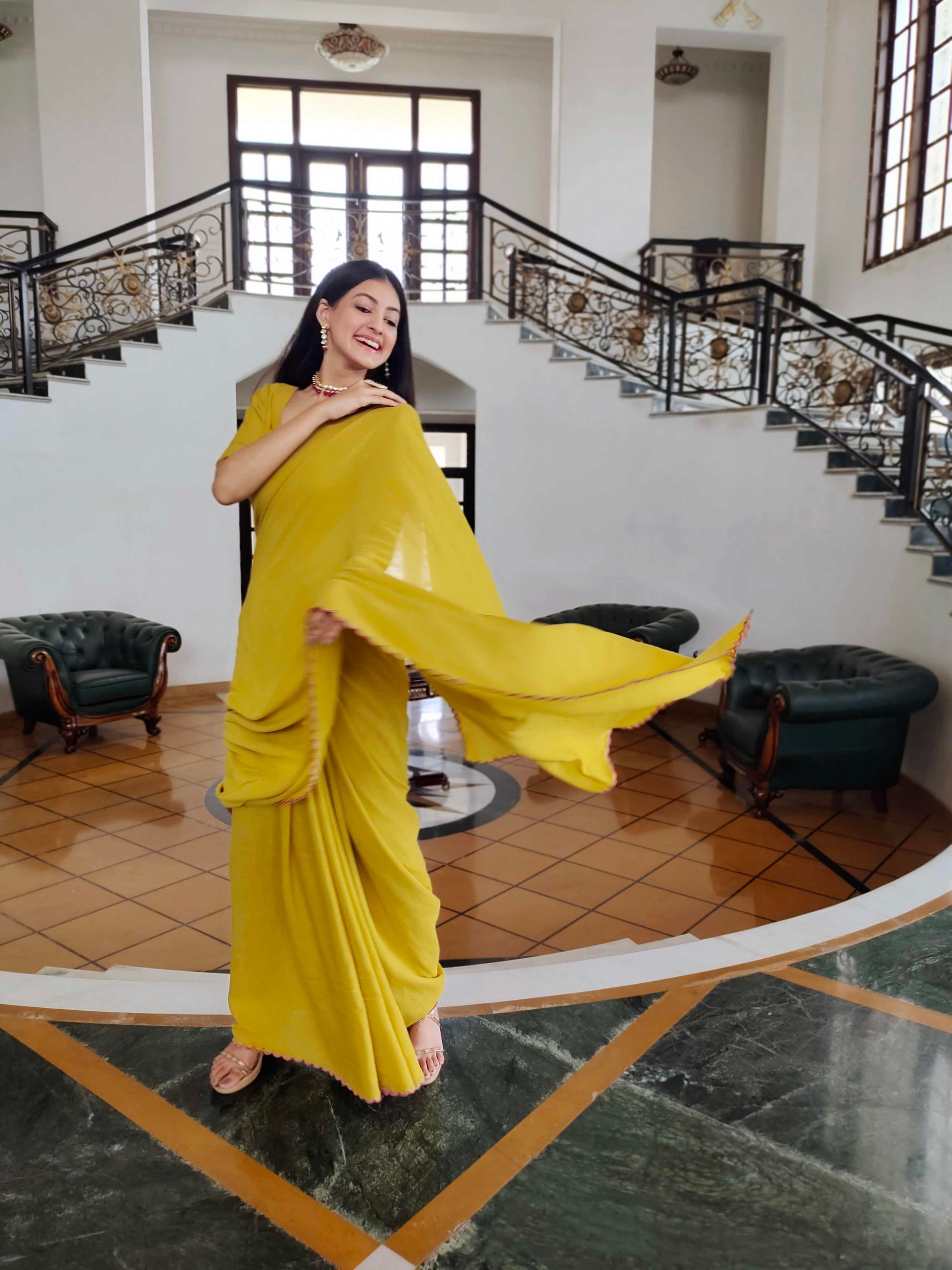 Premium Mustard Jute Cotton Saree with Scalloped Border