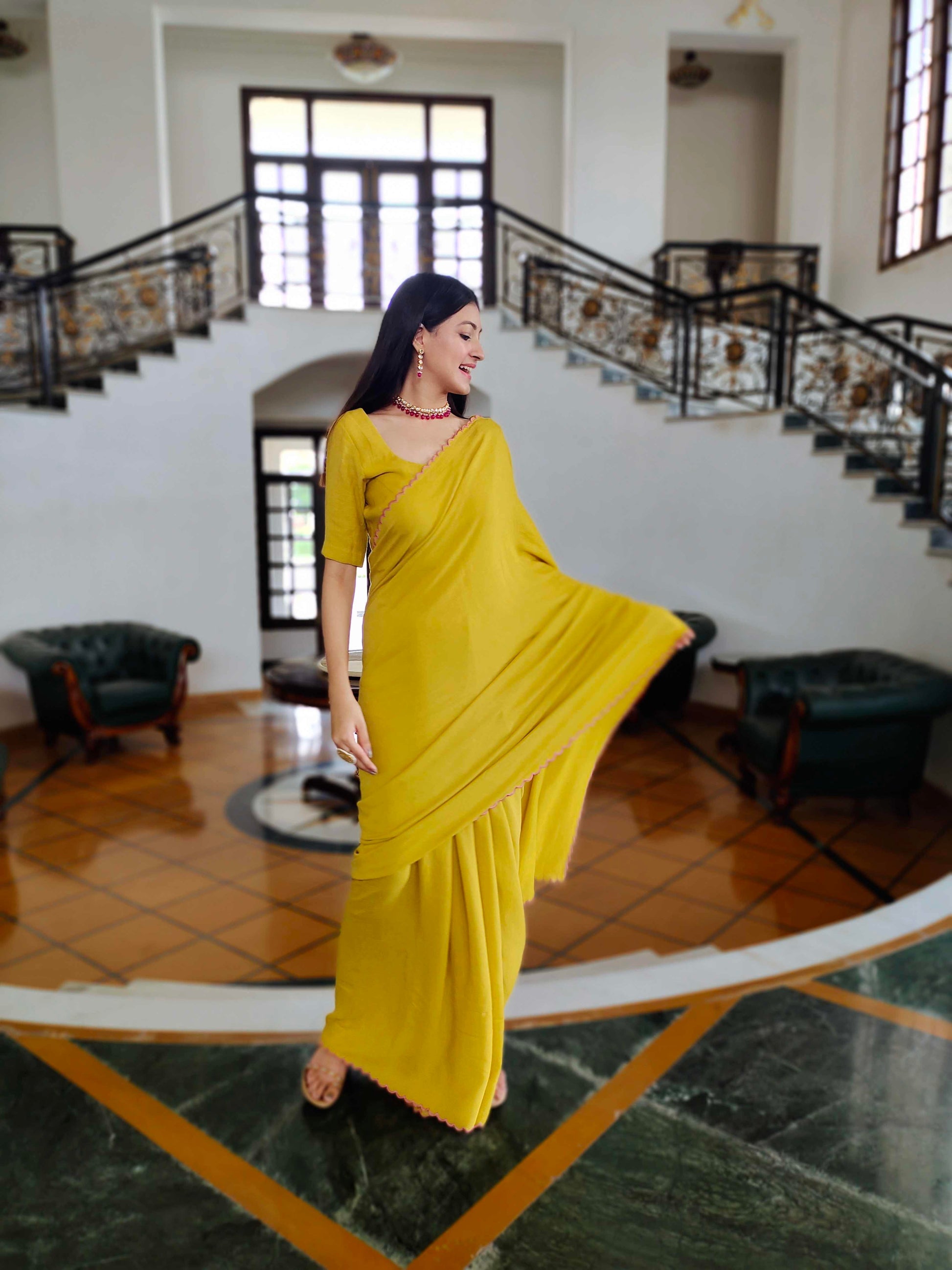 Premium Mustard Jute Cotton Saree with Scalloped Border