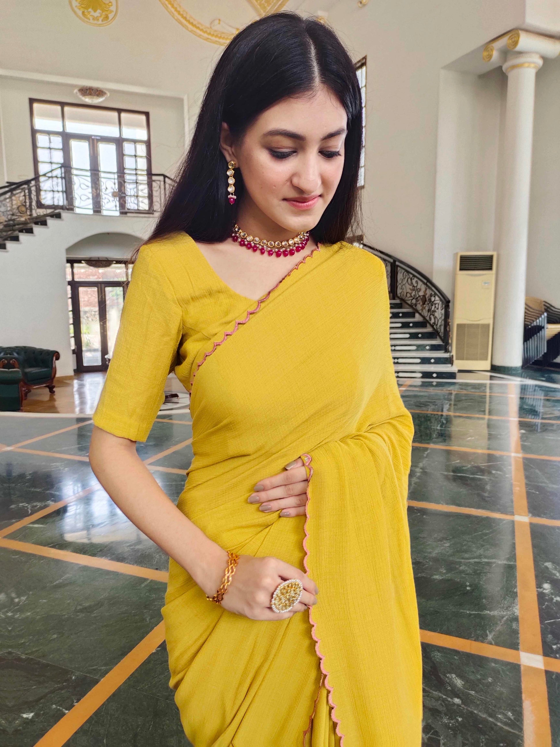 Premium Mustard Jute Cotton Saree with Scalloped Border