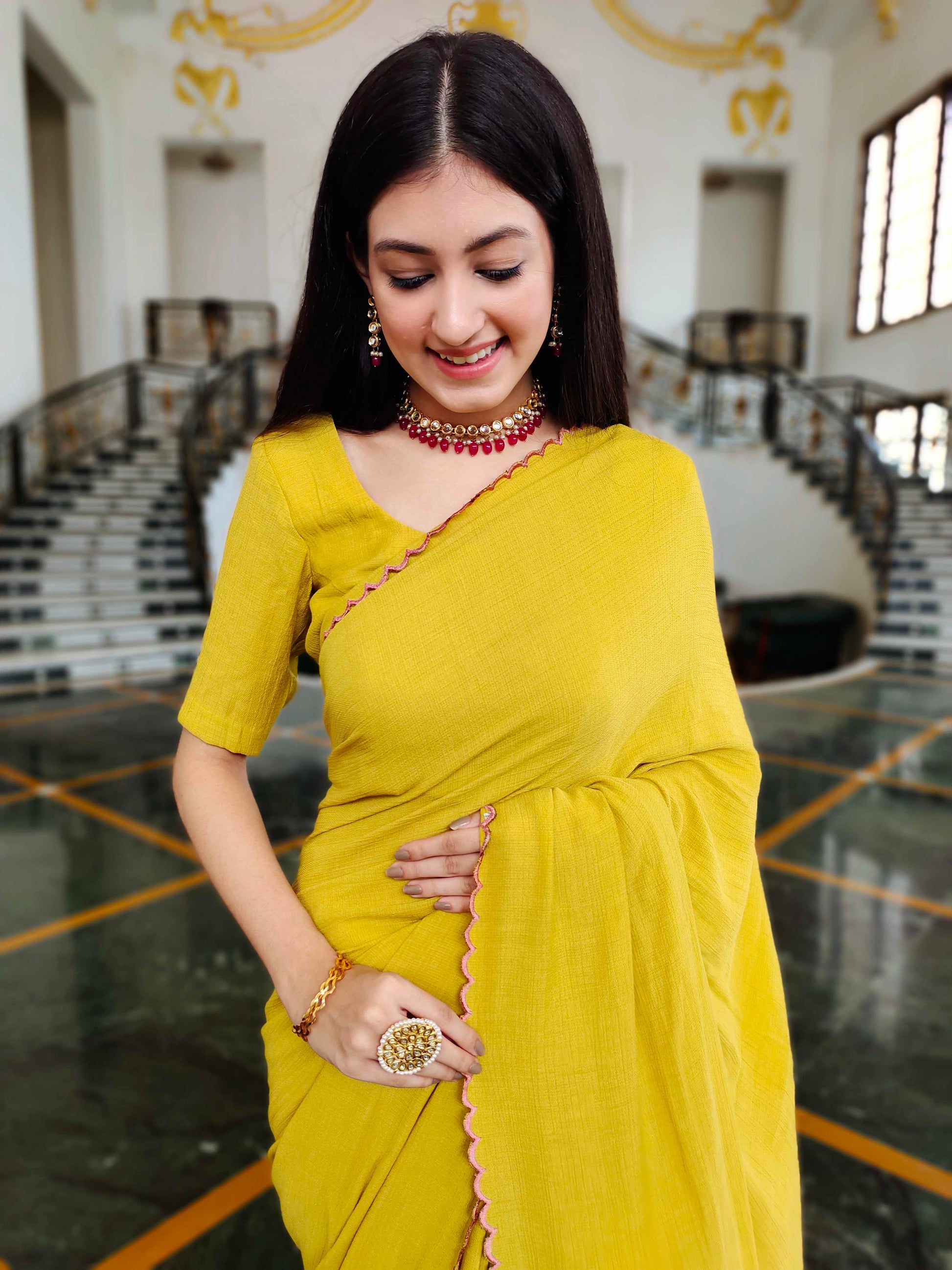 Premium Mustard Jute Cotton Saree with Scalloped Border