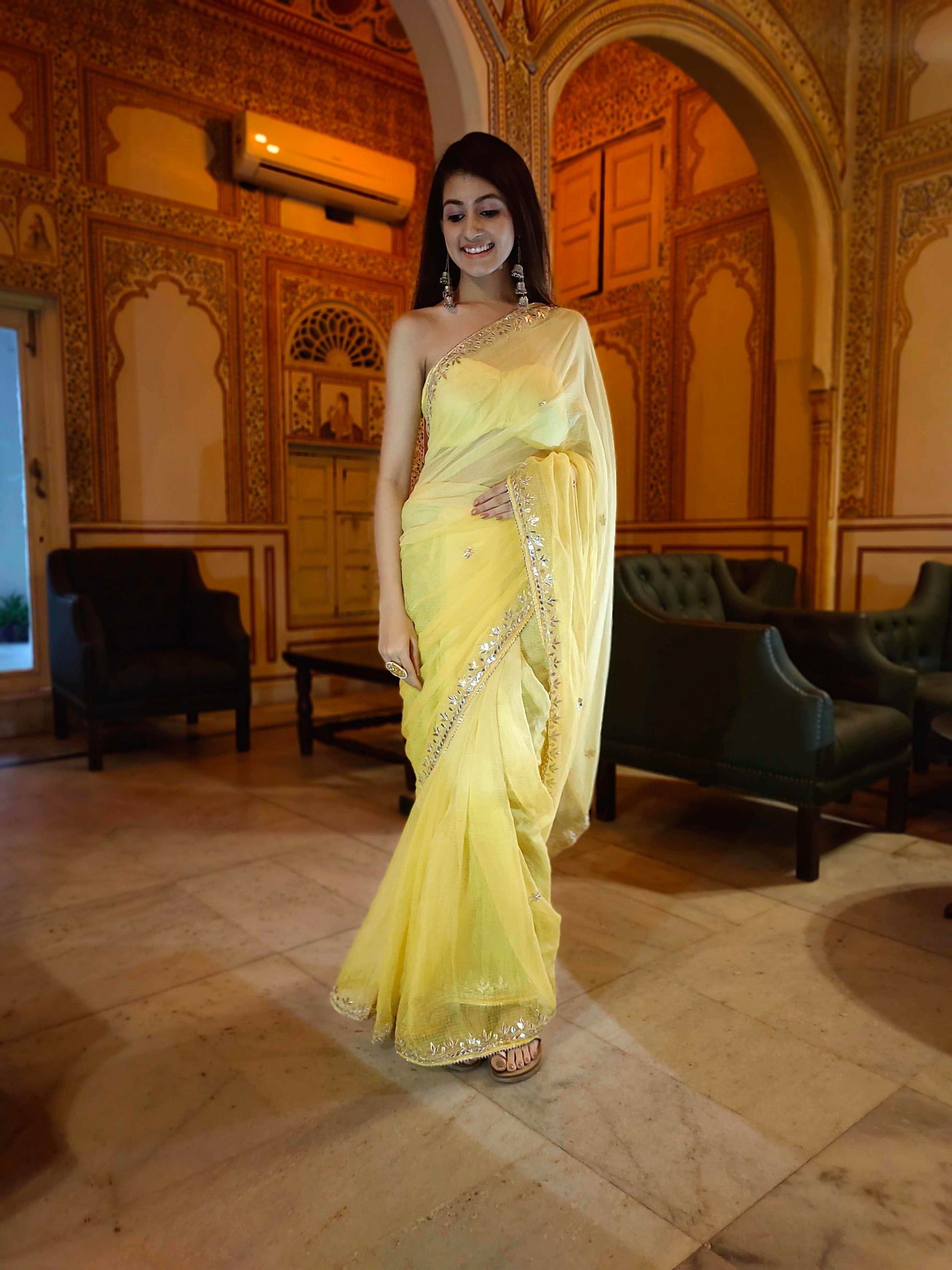 Bright Yellow Kota Silk Saree with Golden Gota Border Work