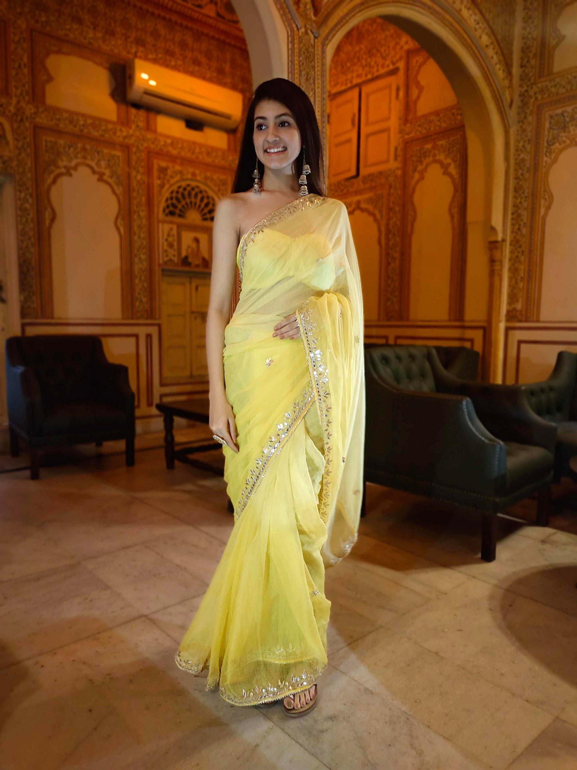 Bright Yellow Kota Silk Saree with Golden Gota Border Work