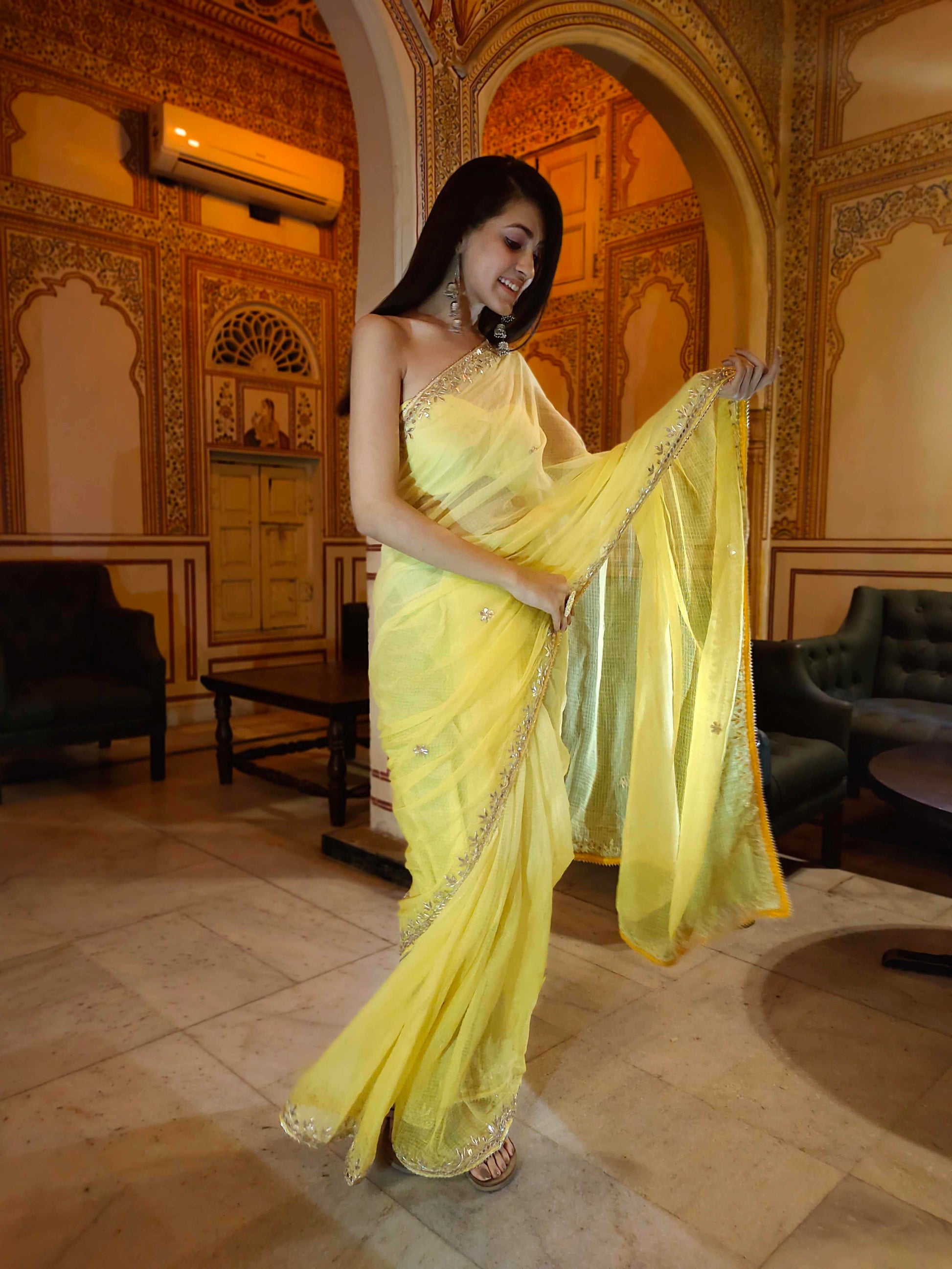 Bright Yellow Kota Silk Saree with Golden Gota Border Work