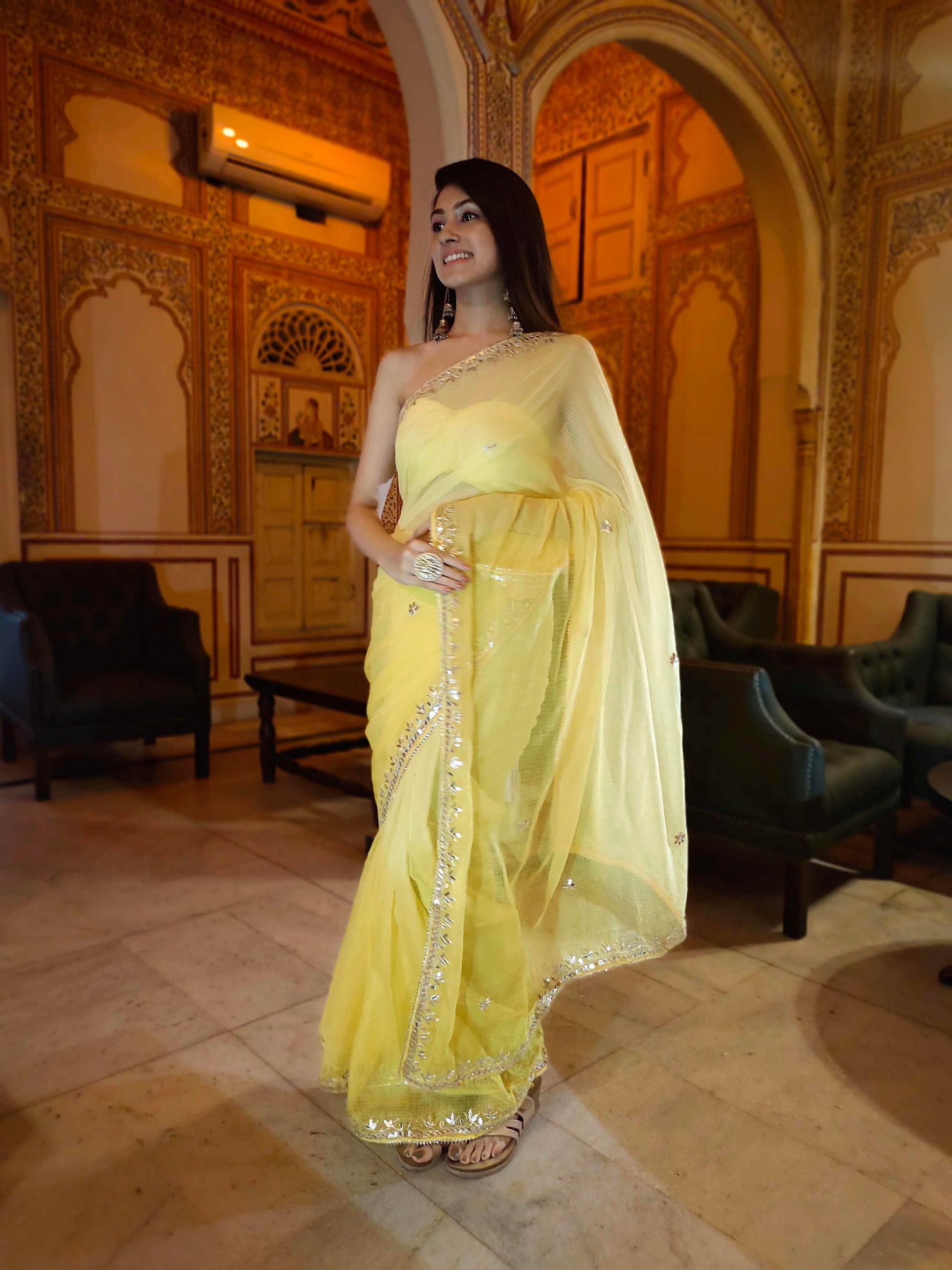 Bright Yellow Kota Silk Saree with Golden Gota Border Work