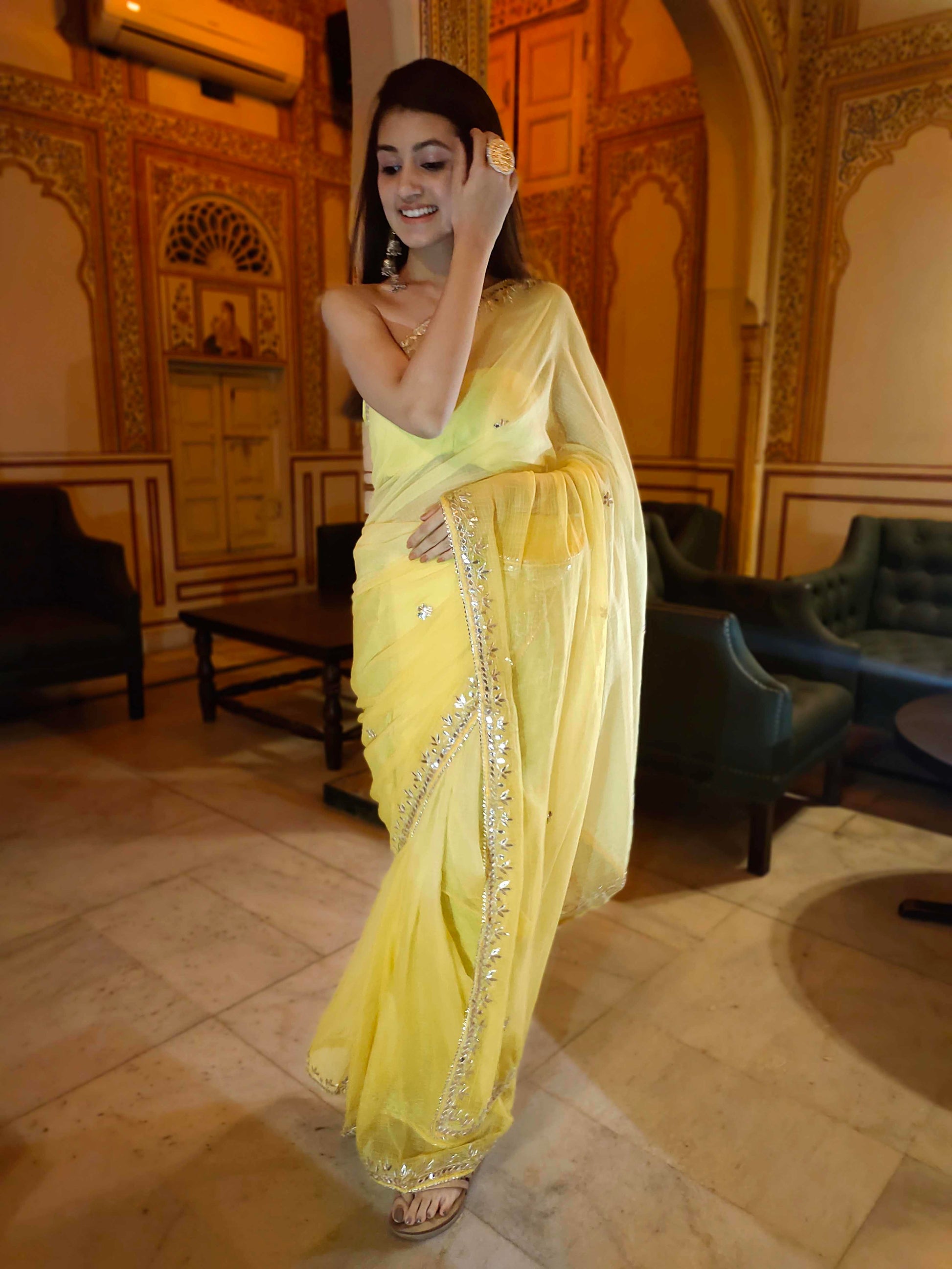 Bright Yellow Kota Silk Saree with Golden Gota Border Work