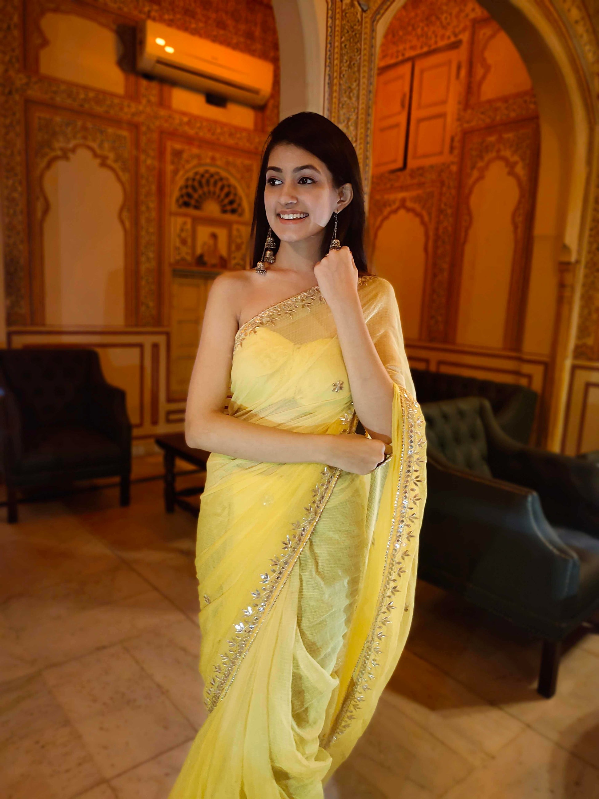 Bright Yellow Kota Silk Saree with Golden Gota Border Work