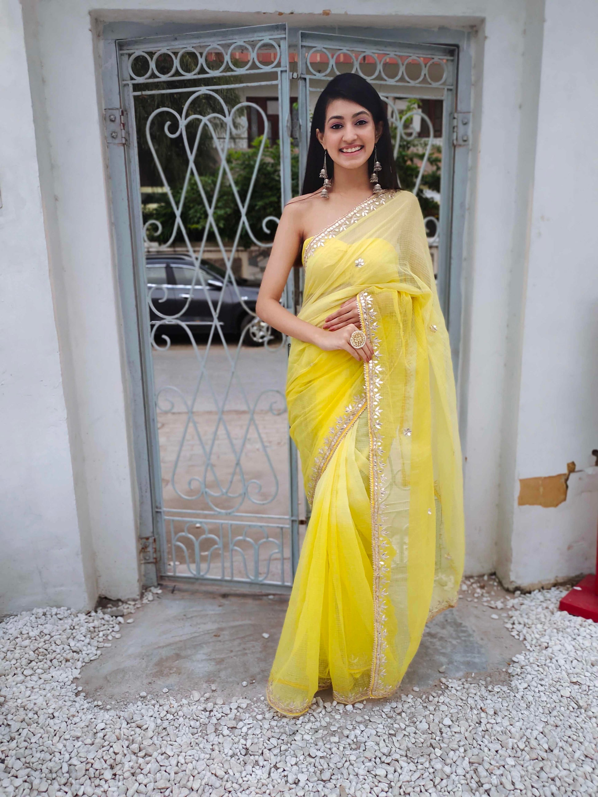 Bright Yellow Kota Silk Saree with Golden Gota Border Work