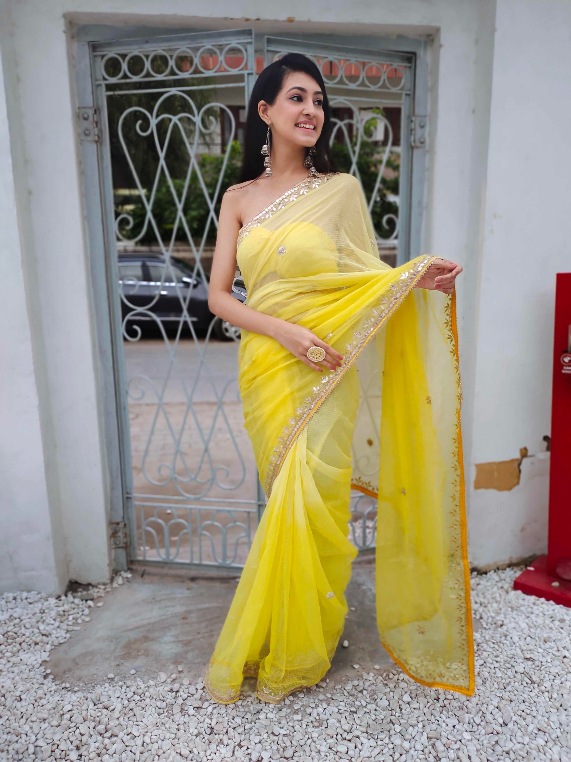 Bright Yellow Kota Silk Saree with Golden Gota Border Work