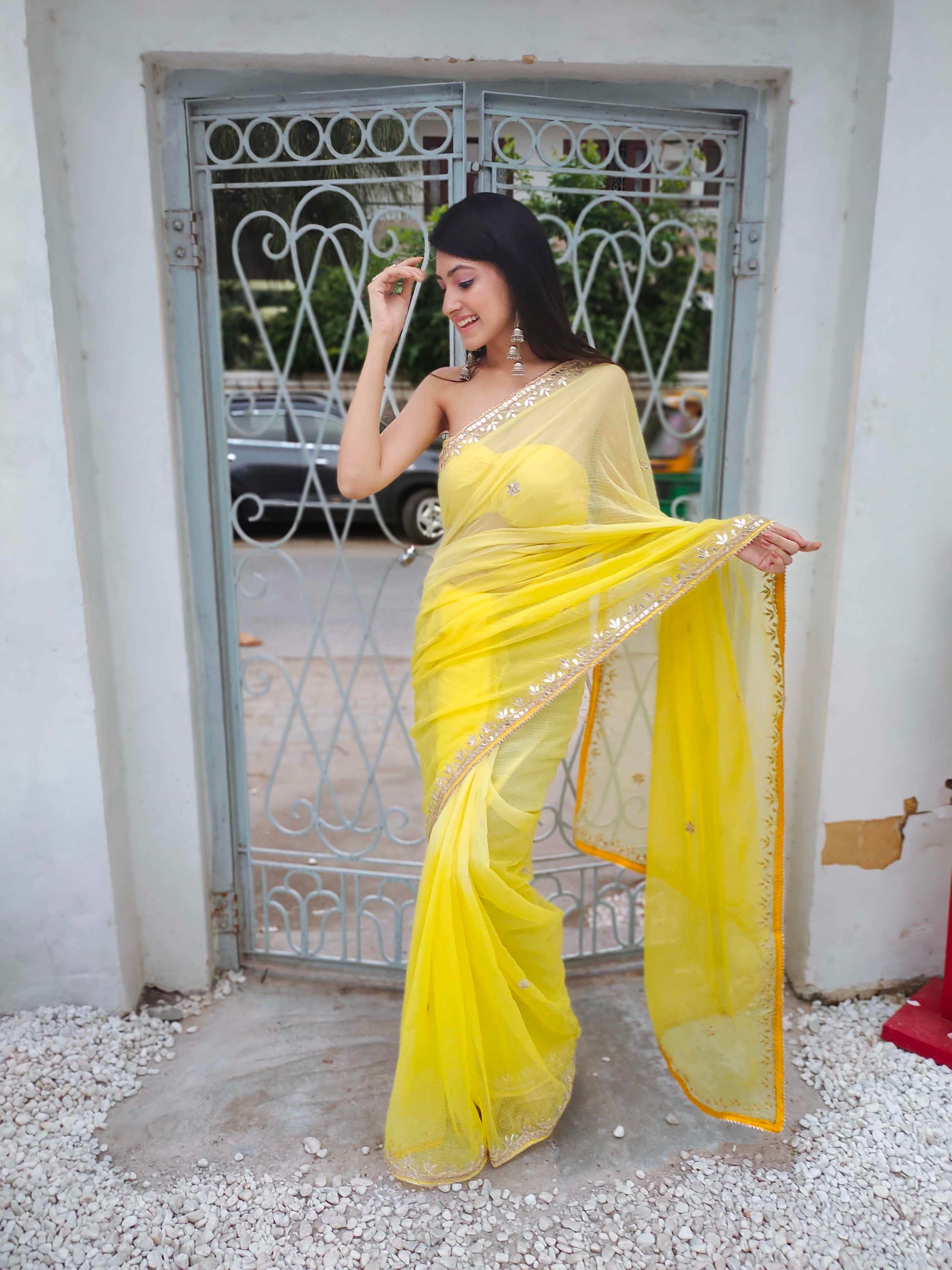 Bright Yellow Kota Silk Saree with Golden Gota Border Work