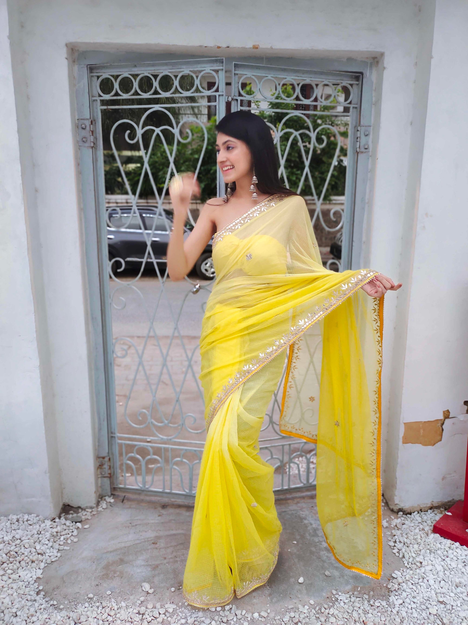 Bright Yellow Kota Silk Saree with Golden Gota Border Work