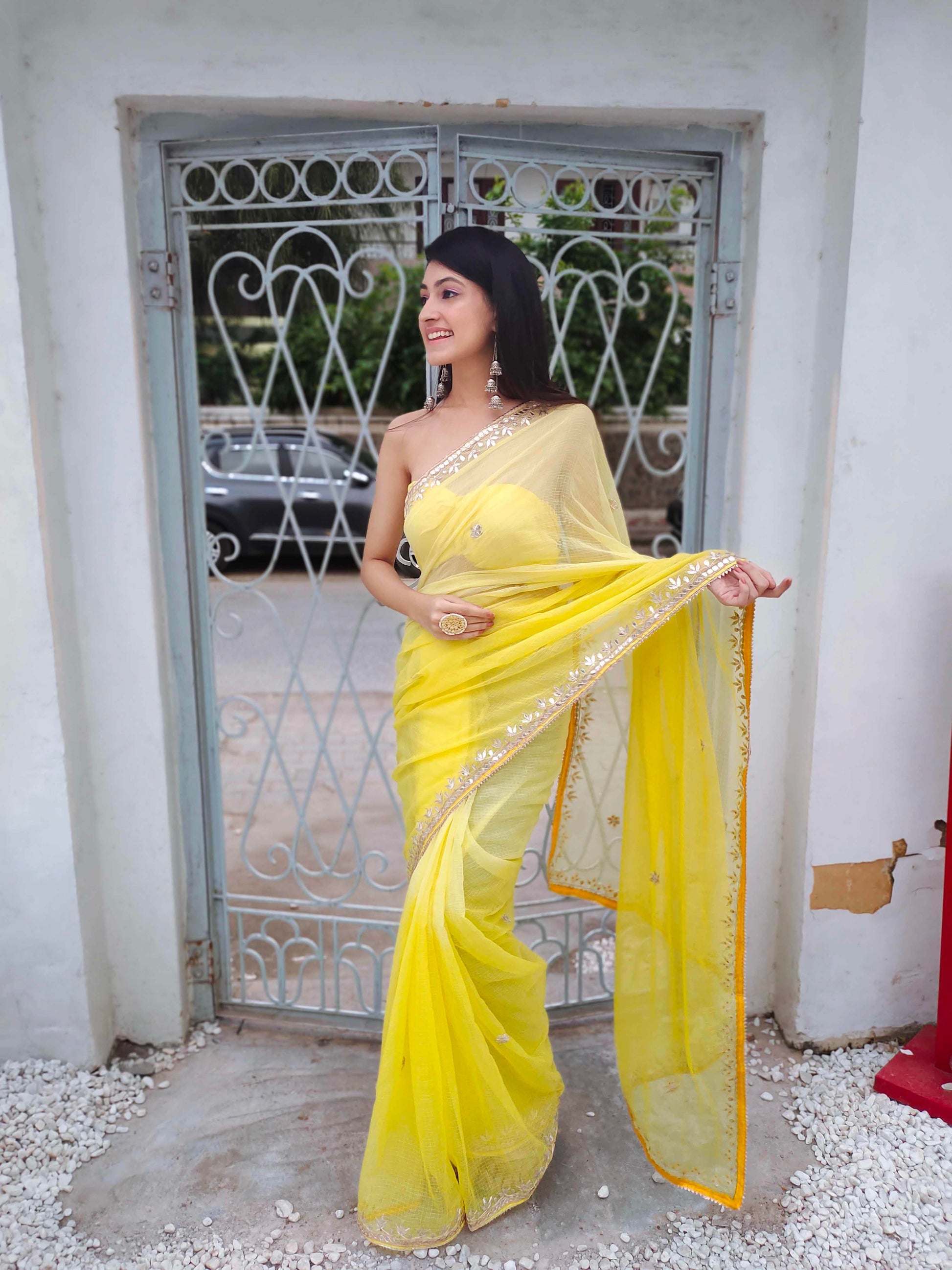 Bright Yellow Kota Silk Saree with Golden Gota Border Work