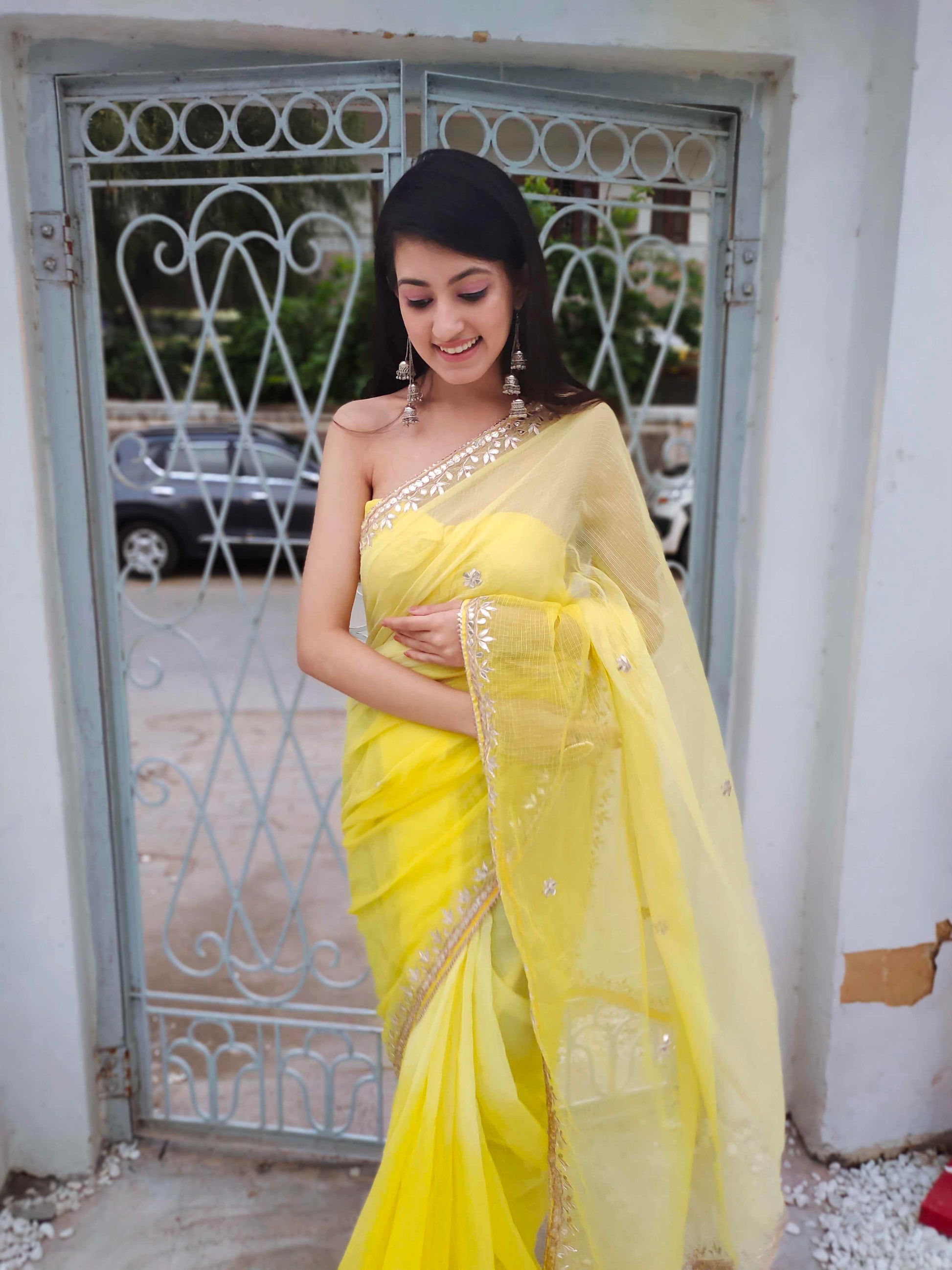 Bright Yellow Kota Silk Saree with Golden Gota Border Work