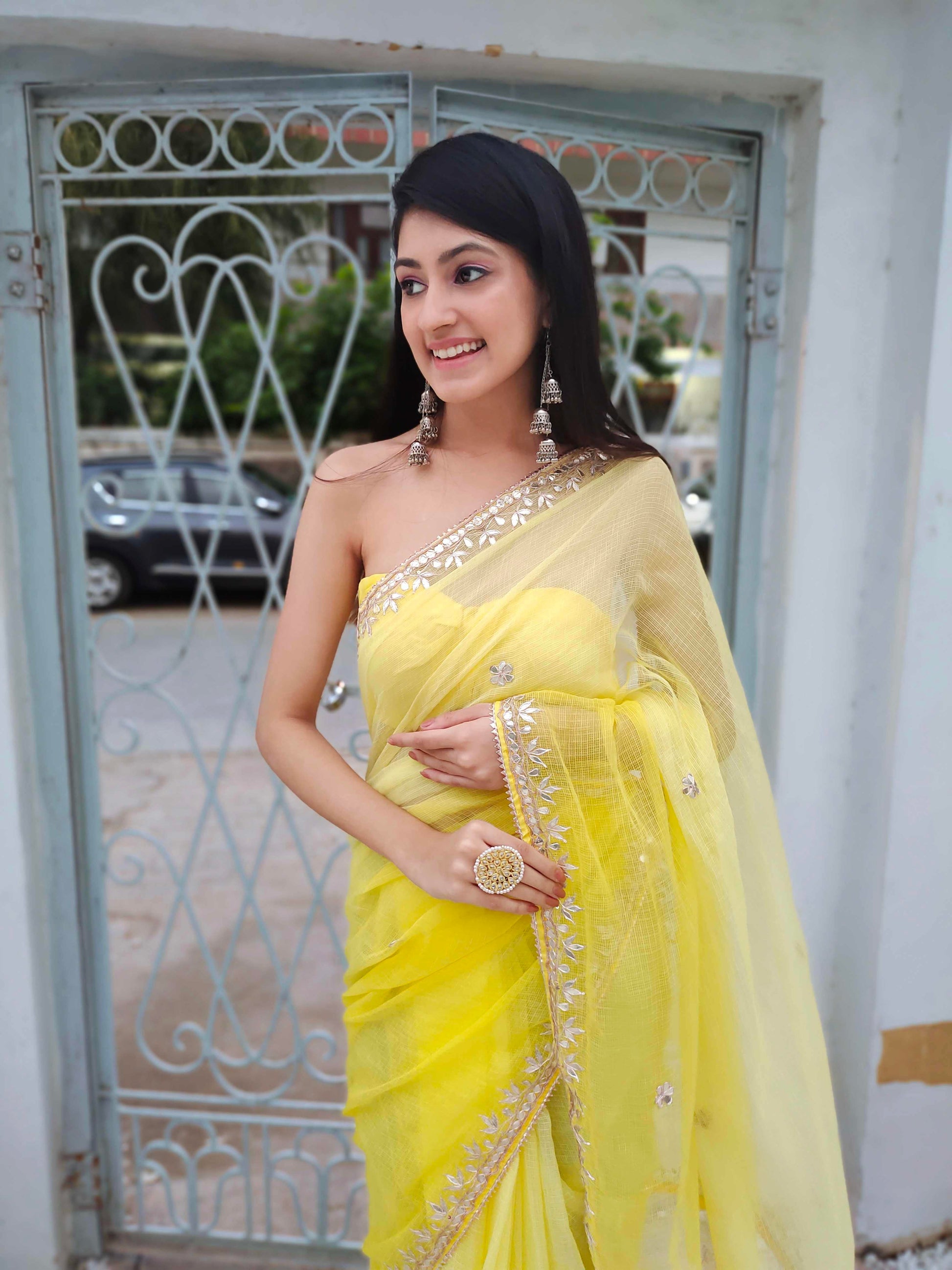 Bright Yellow Kota Silk Saree with Golden Gota Border Work