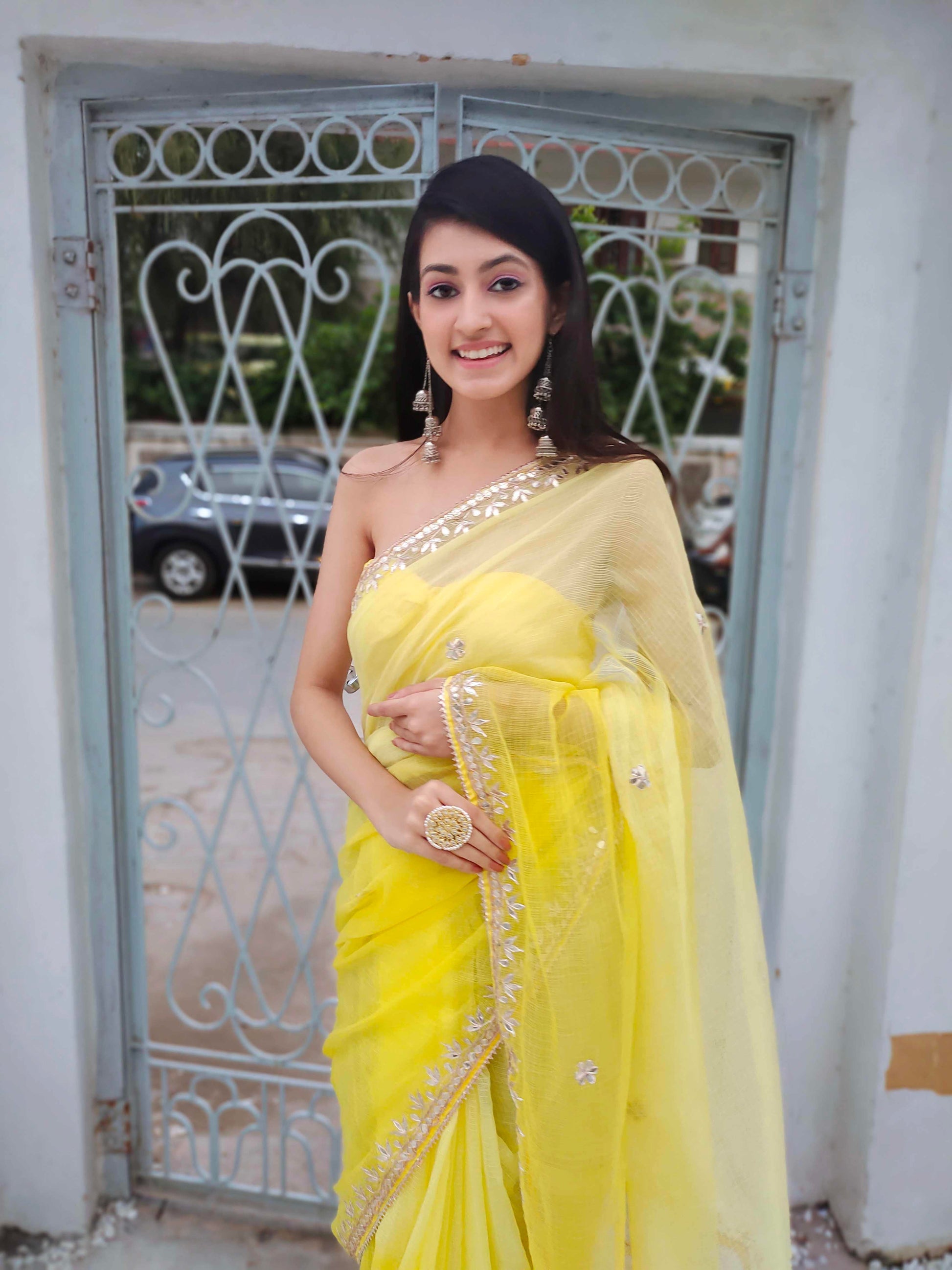 Bright Yellow Kota Silk Saree with Golden Gota Border Work