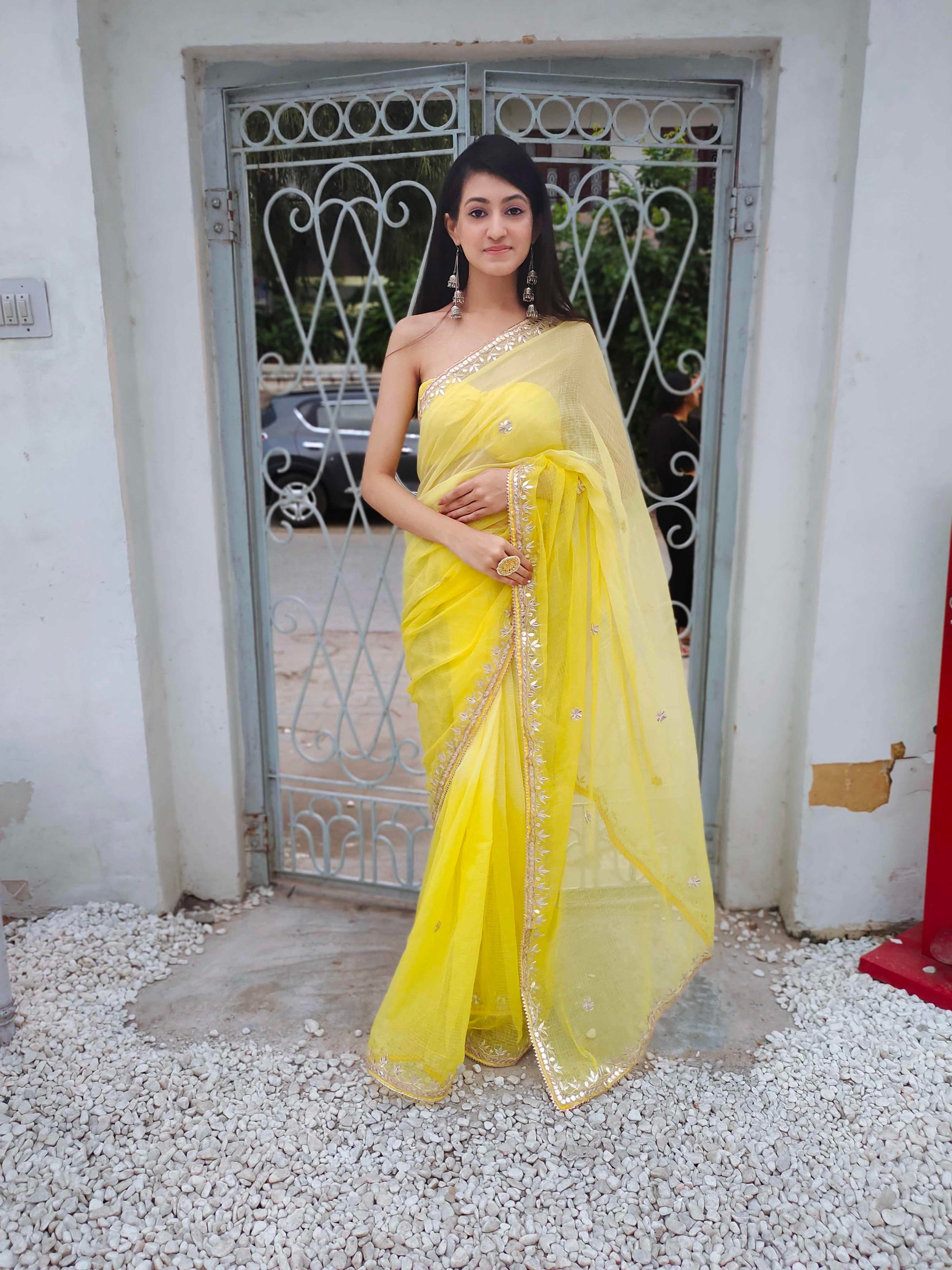 Bright Yellow Kota Silk Saree with Golden Gota Border Work
