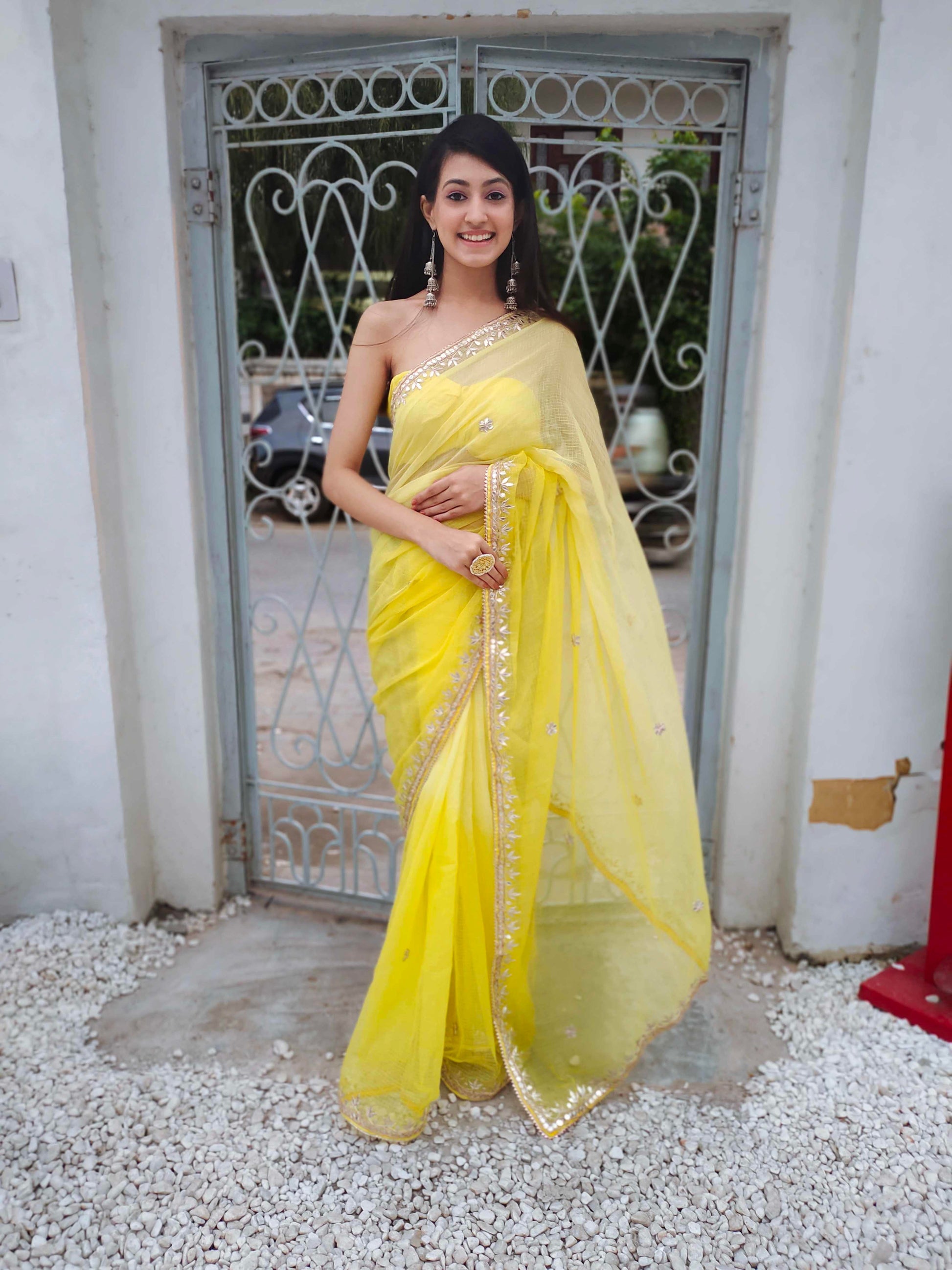 Bright Yellow Kota Silk Saree with Golden Gota Border Work