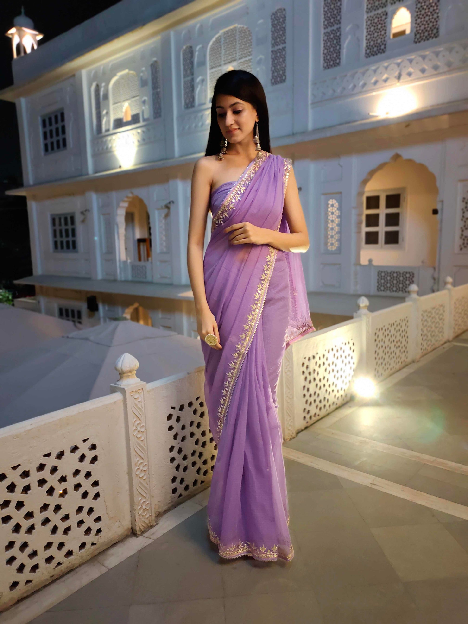 Charming Lavender Kota Silk Saree with Golden Gota Handwork