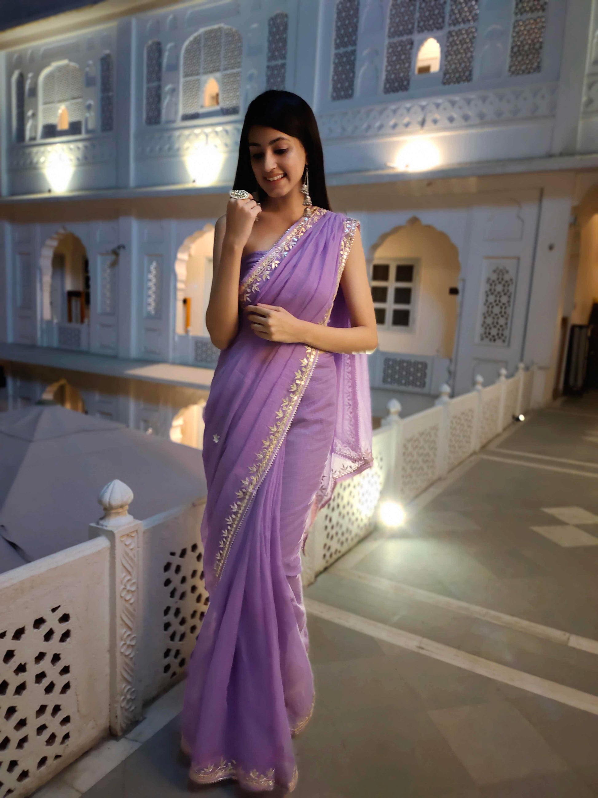 Charming Lavender Kota Silk Saree with Golden Gota Handwork