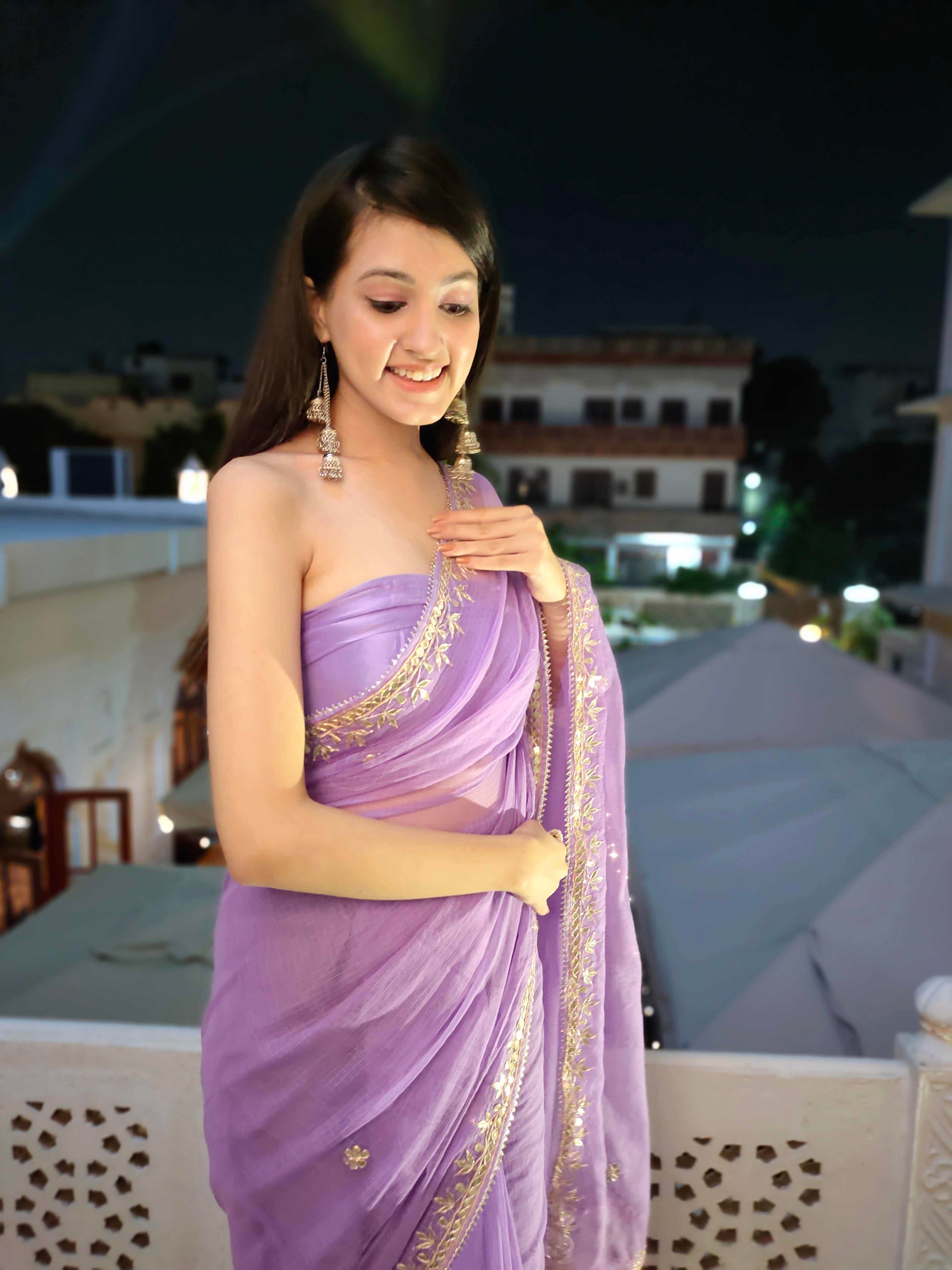 Charming Lavender Kota Silk Saree with Golden Gota Handwork