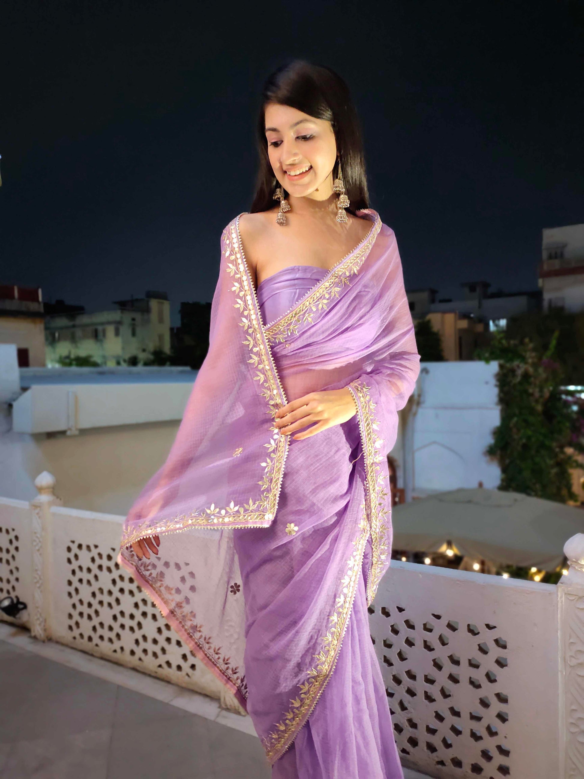 Charming Lavender Kota Silk Saree with Golden Gota Handwork