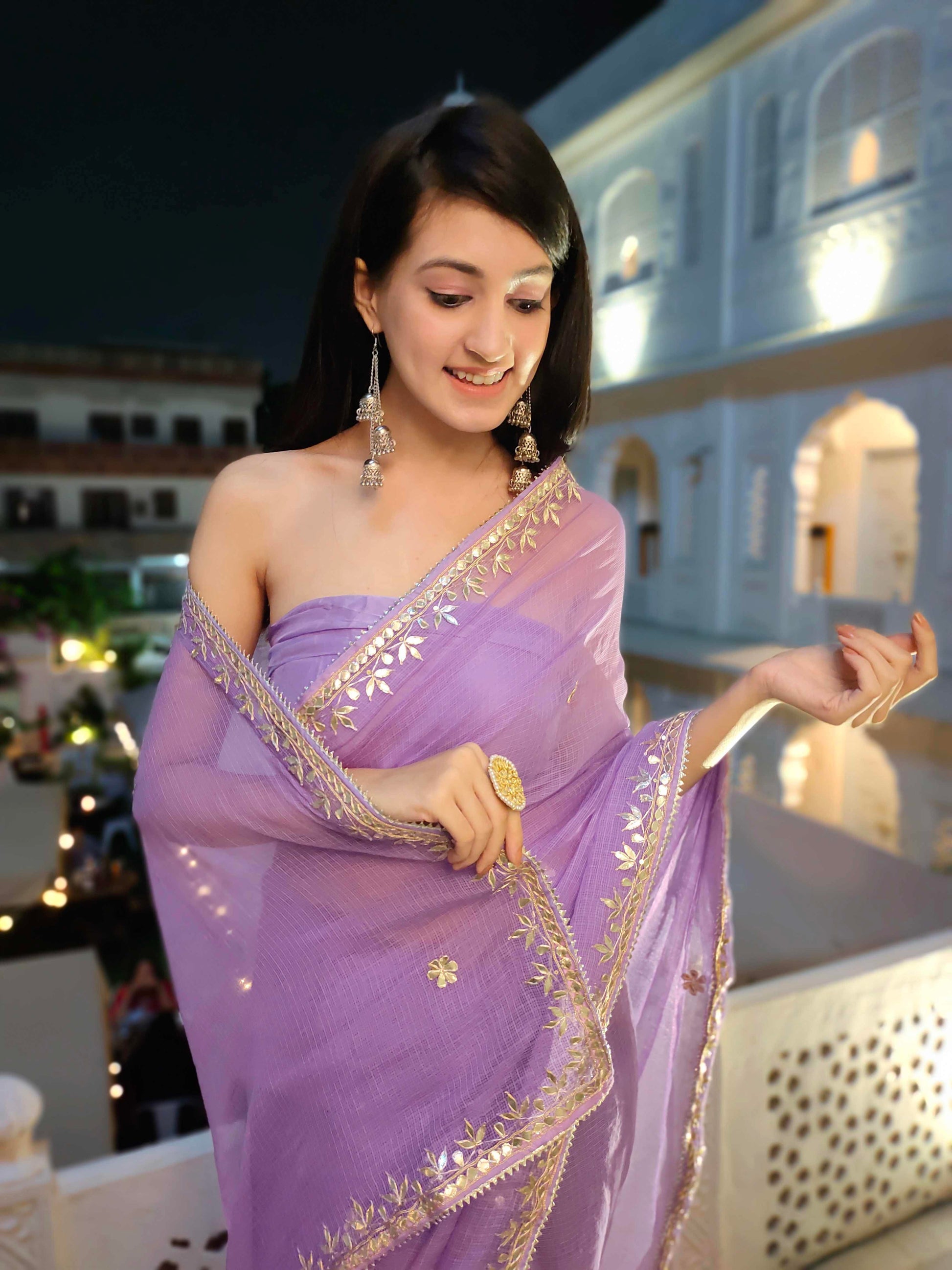 Charming Lavender Kota Silk Saree with Golden Gota Handwork