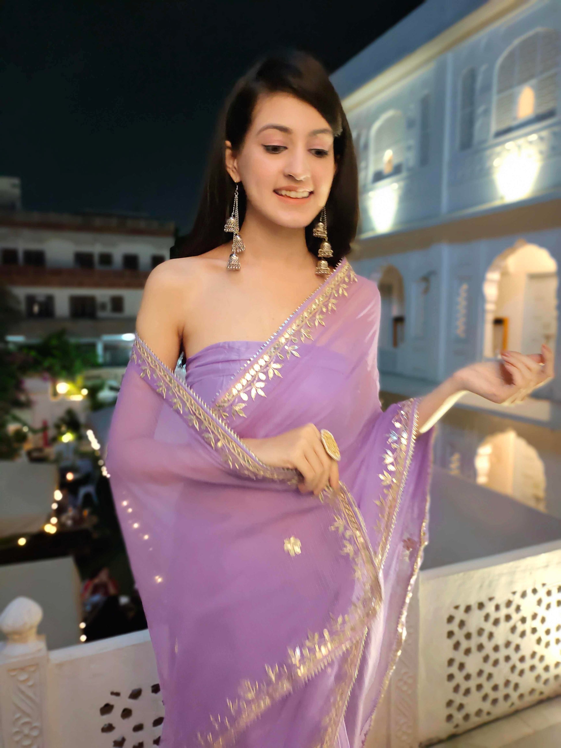 Charming Lavender Kota Silk Saree with Golden Gota Handwork