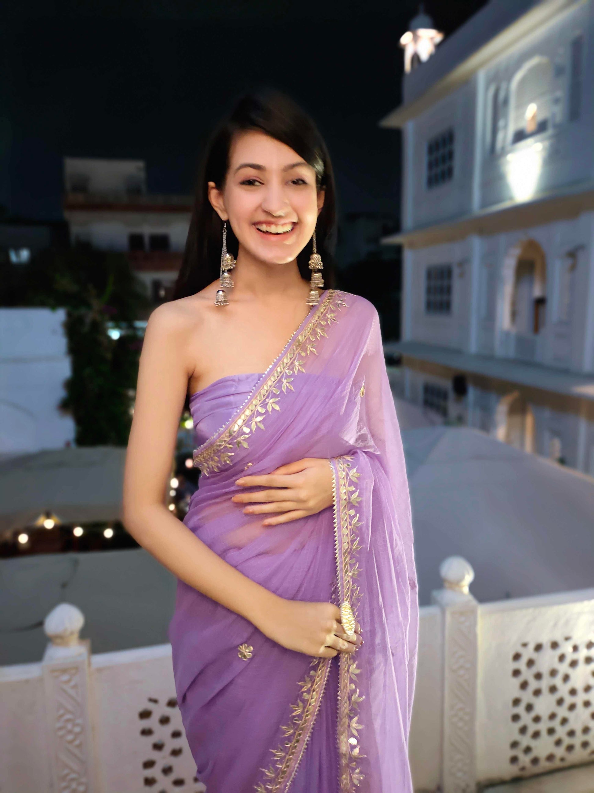 Charming Lavender Kota Silk Saree with Golden Gota Handwork