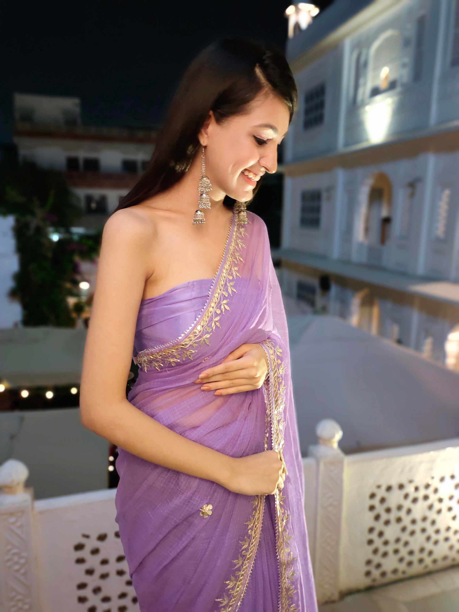 Charming Lavender Kota Silk Saree with Golden Gota Handwork