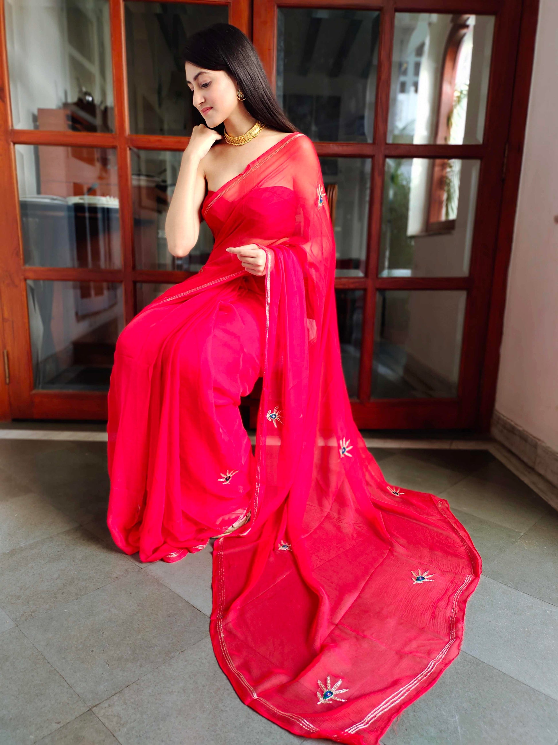 Luxurious Red Chiffon Saree Handwork Buttis Patchwork Blouse