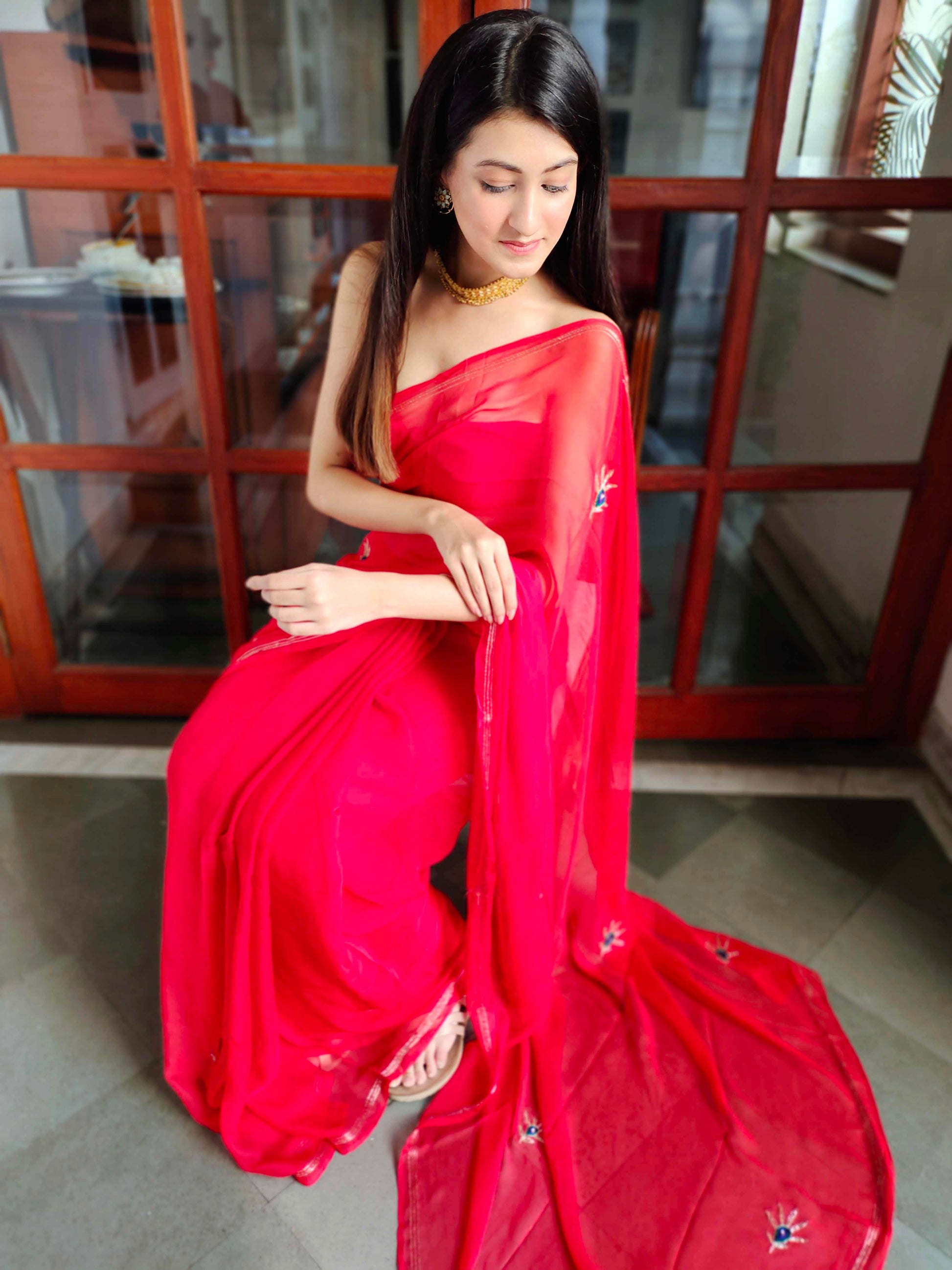 Luxurious Red Chiffon Saree Handwork Buttis Patchwork Blouse