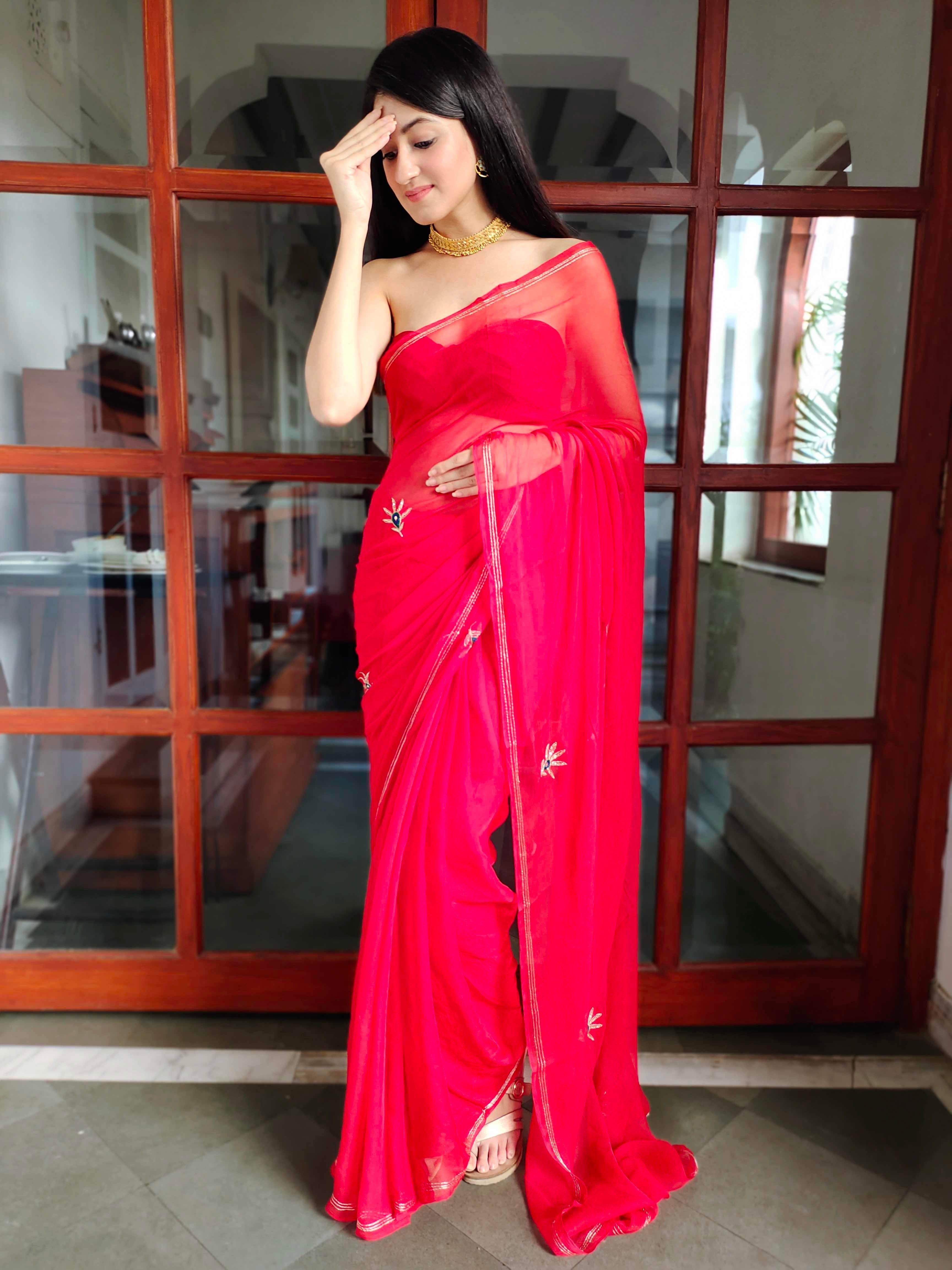 Luxurious Red Chiffon Saree Handwork Buttis Patchwork Blouse
