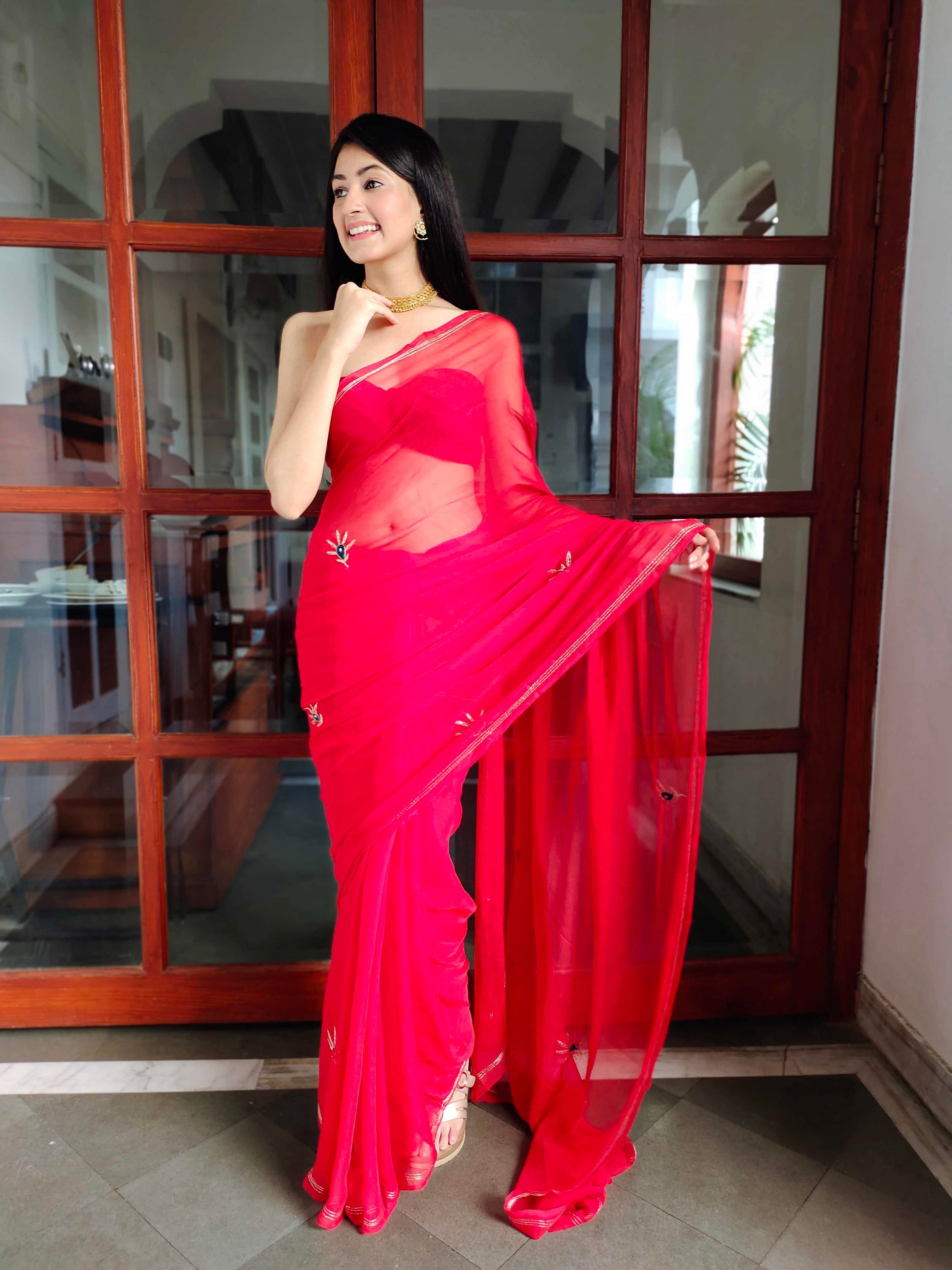 Luxurious Red Chiffon Saree Handwork Buttis Patchwork Blouse