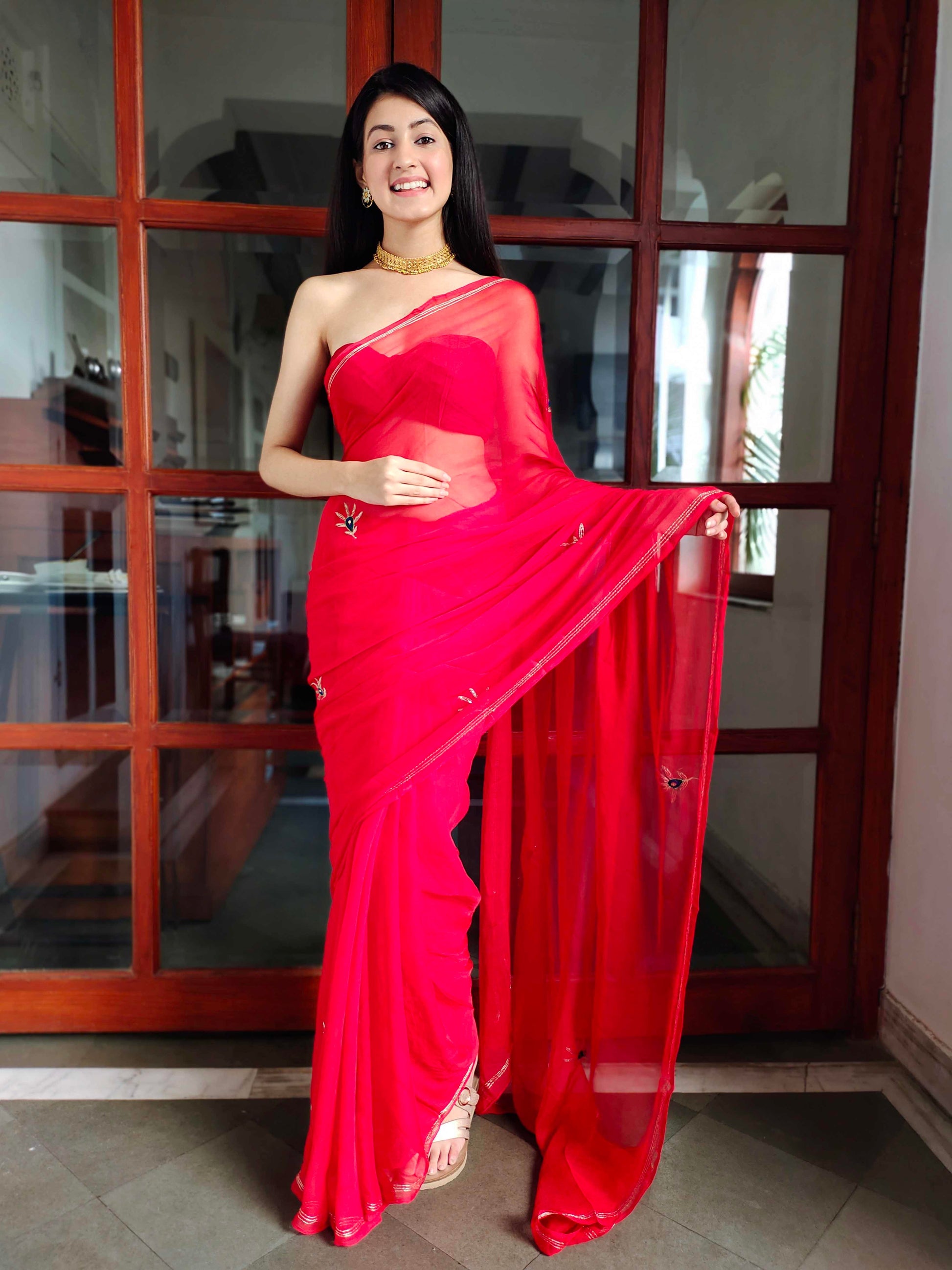 Luxurious Red Chiffon Saree Handwork Buttis Patchwork Blouse