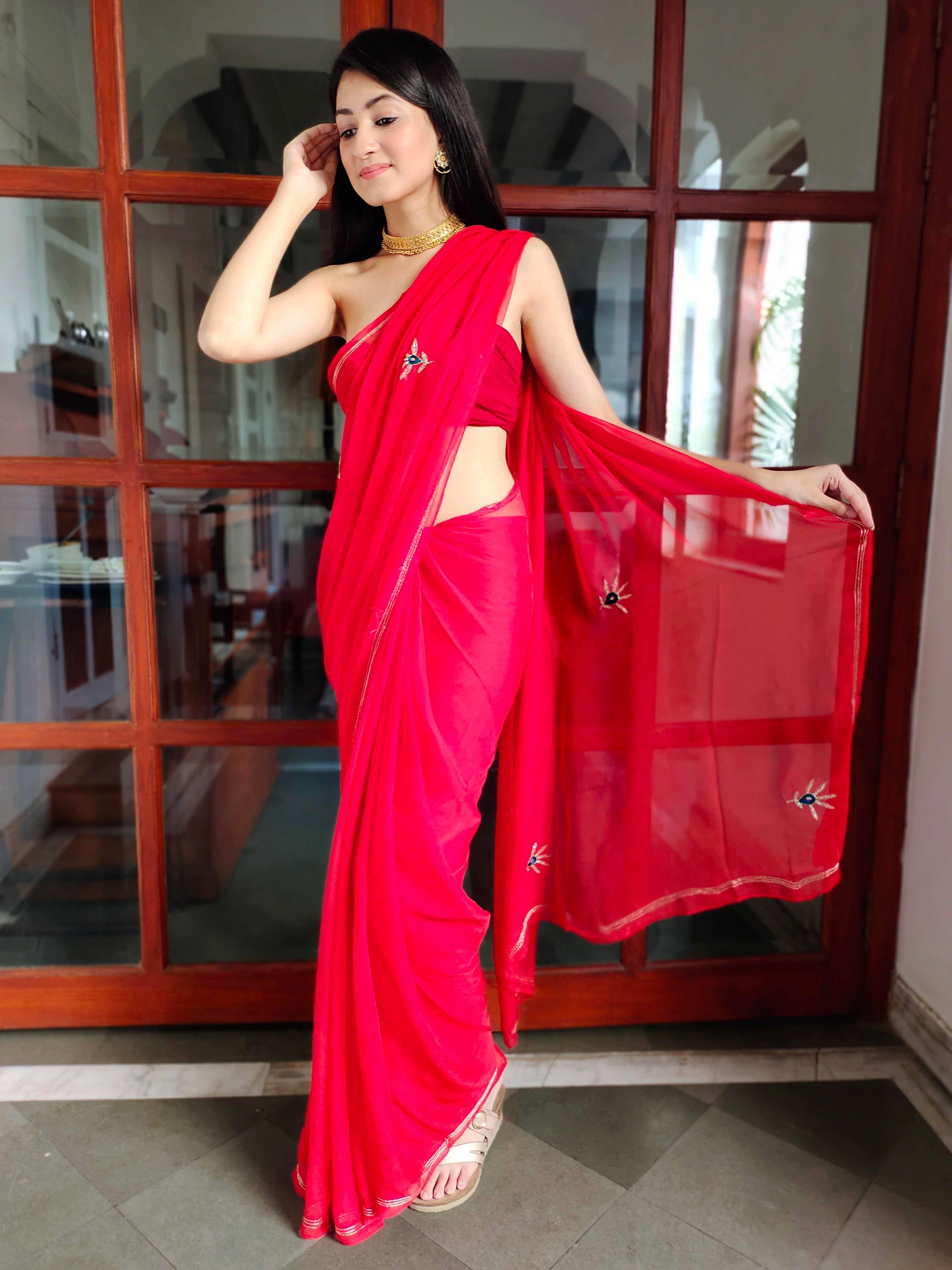 Luxurious Red Chiffon Saree Handwork Buttis Patchwork Blouse
