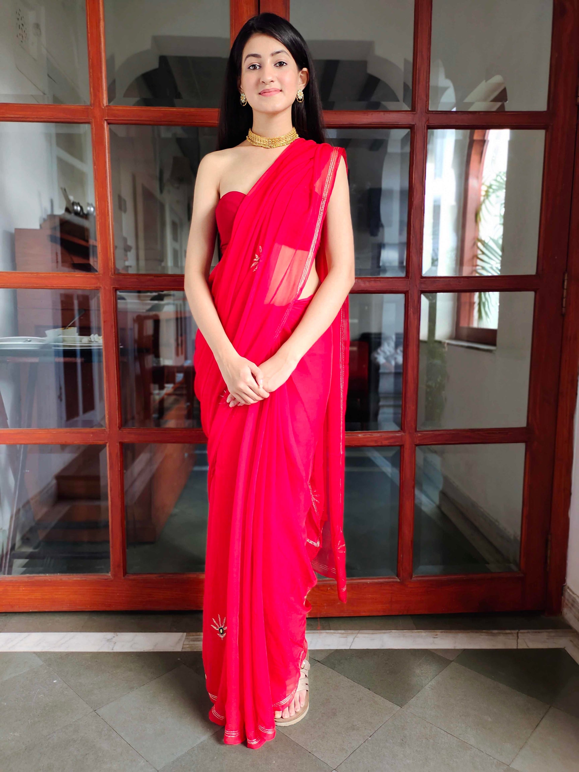 Luxurious Red Chiffon Saree Handwork Buttis Patchwork Blouse