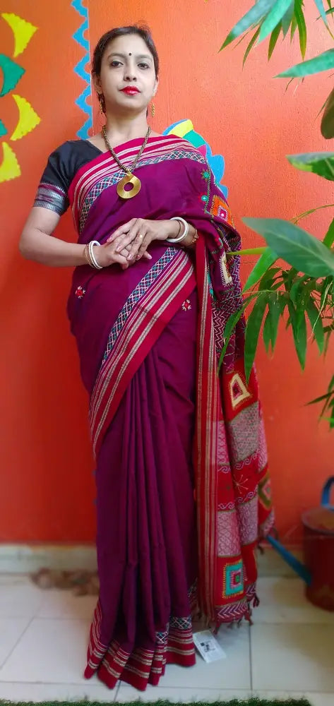 Red Kora Cotton Lambani Tribal Hand Embroidered Saree Religious Nature
