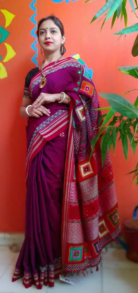 Red Kora Cotton Lambani Tribal Hand Embroidered Saree Religious Nature