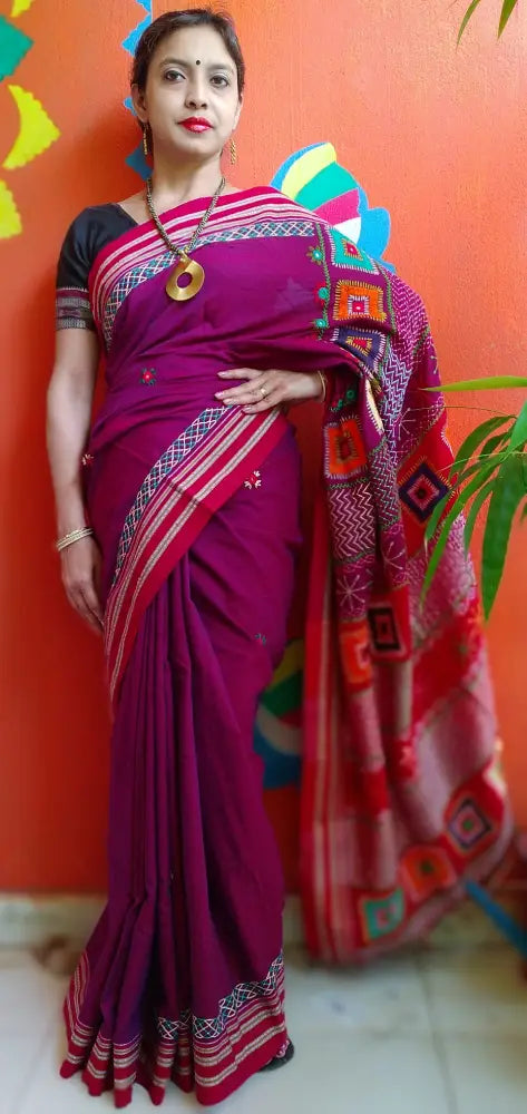 Red Kora Cotton Lambani Tribal Hand Embroidered Saree Religious Nature