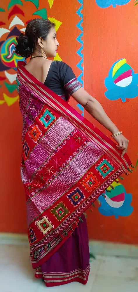 Red Kora Cotton Lambani Tribal Hand Embroidered Saree Religious Nature