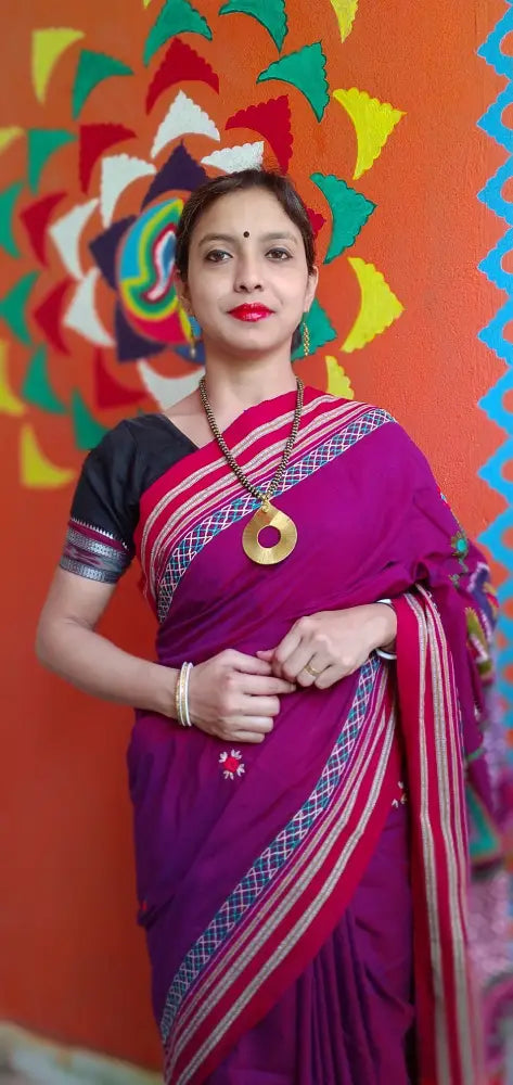 Red Kora Cotton Lambani Tribal Hand Embroidered Saree Religious Nature